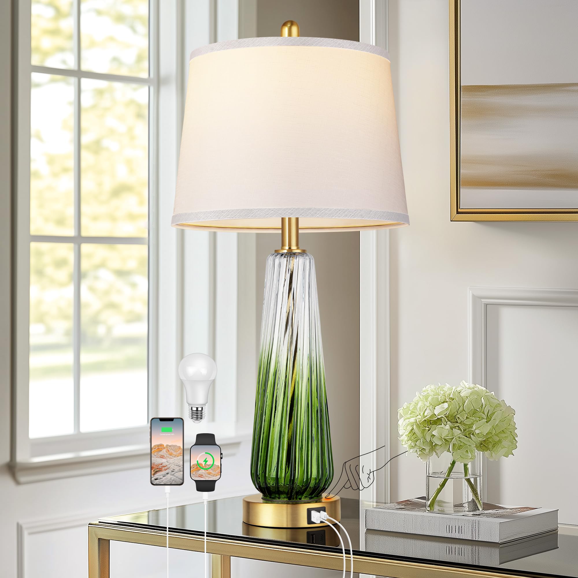 Glass Table Lamps For Living Room, Modern Bedside Lamps With Usb A+C Ports, 3-Way Dimmable Touch Control Nightstand Lamp With Wh