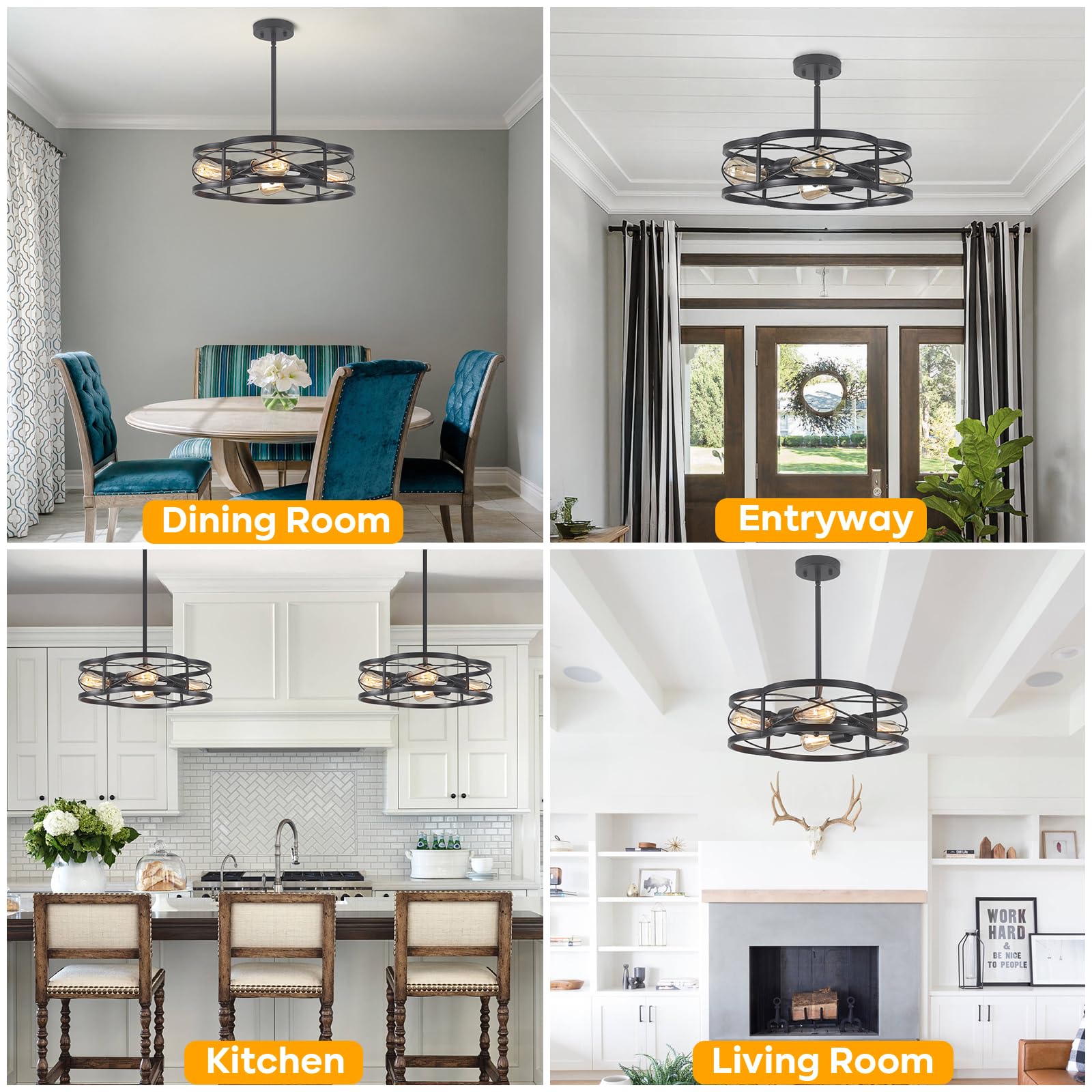 Black Semi Flush Mount Ceiling Lights  Sloped Dining Room Light Fixture Farmhouse Chandelier  Kitchen Island Pendant Lighting Adjustable Height For Entryway Hallway Foyer