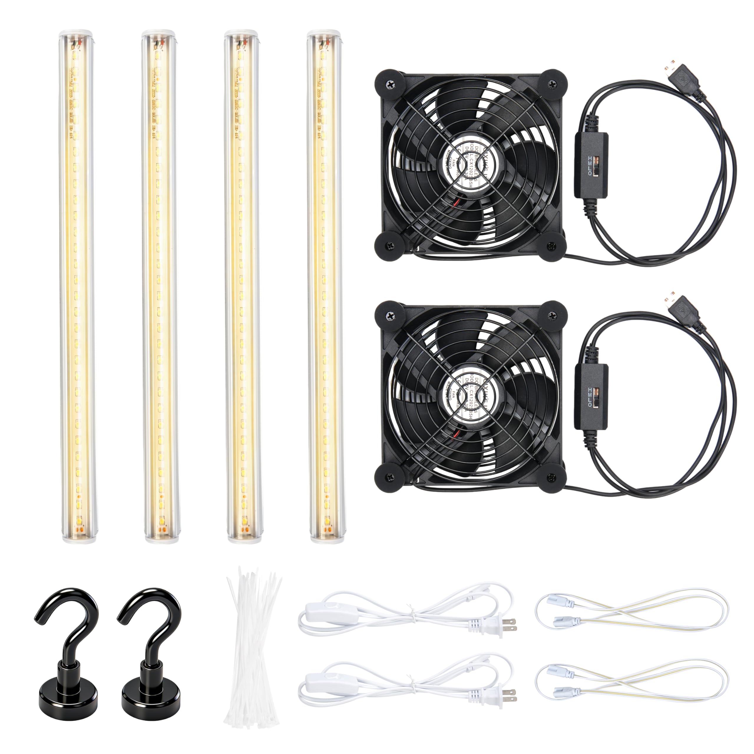 4 Pack T5 Grow Light Strips + 2 Pack USB Fans for Indoor Plants, LUVCOSY Accessories Set for Indoor Greenhouse Cabinet for IKEA,