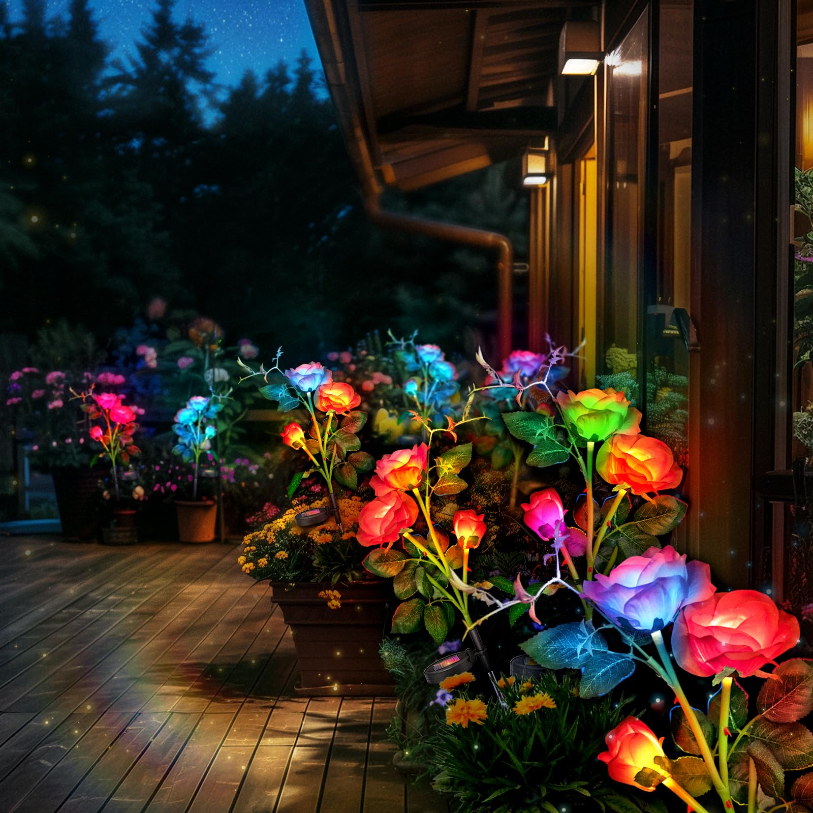 Anordsem Rose Lights Solar Powered Garden Light, Waterproof, Colorful, 2 Pack, Red, Silk