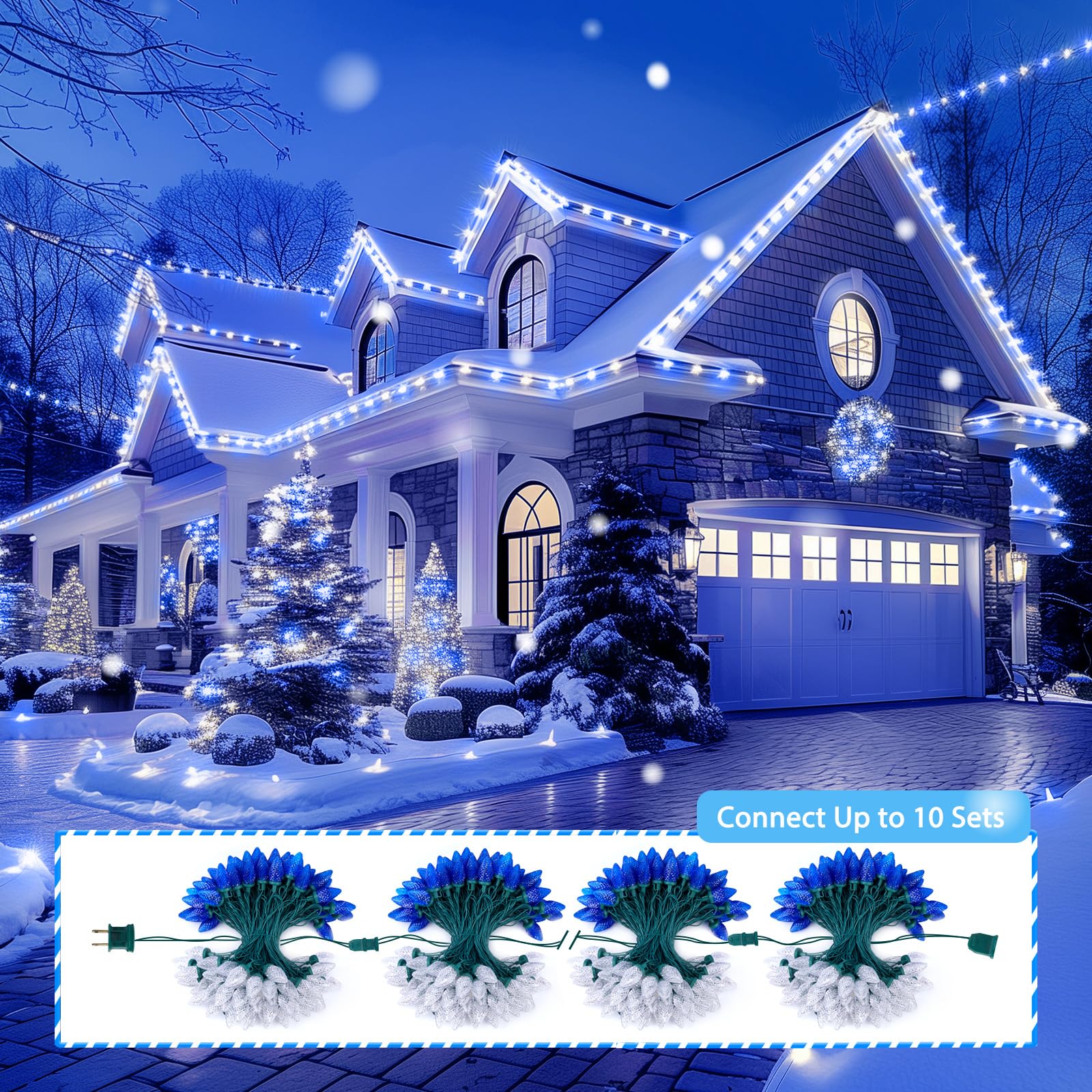 Brightown C9 LED Christmas String Lights, 132ft, 200 LEDs, Waterproof, Green Wire, Blue and White, Plug-in Connectable for Outdoor Decor
