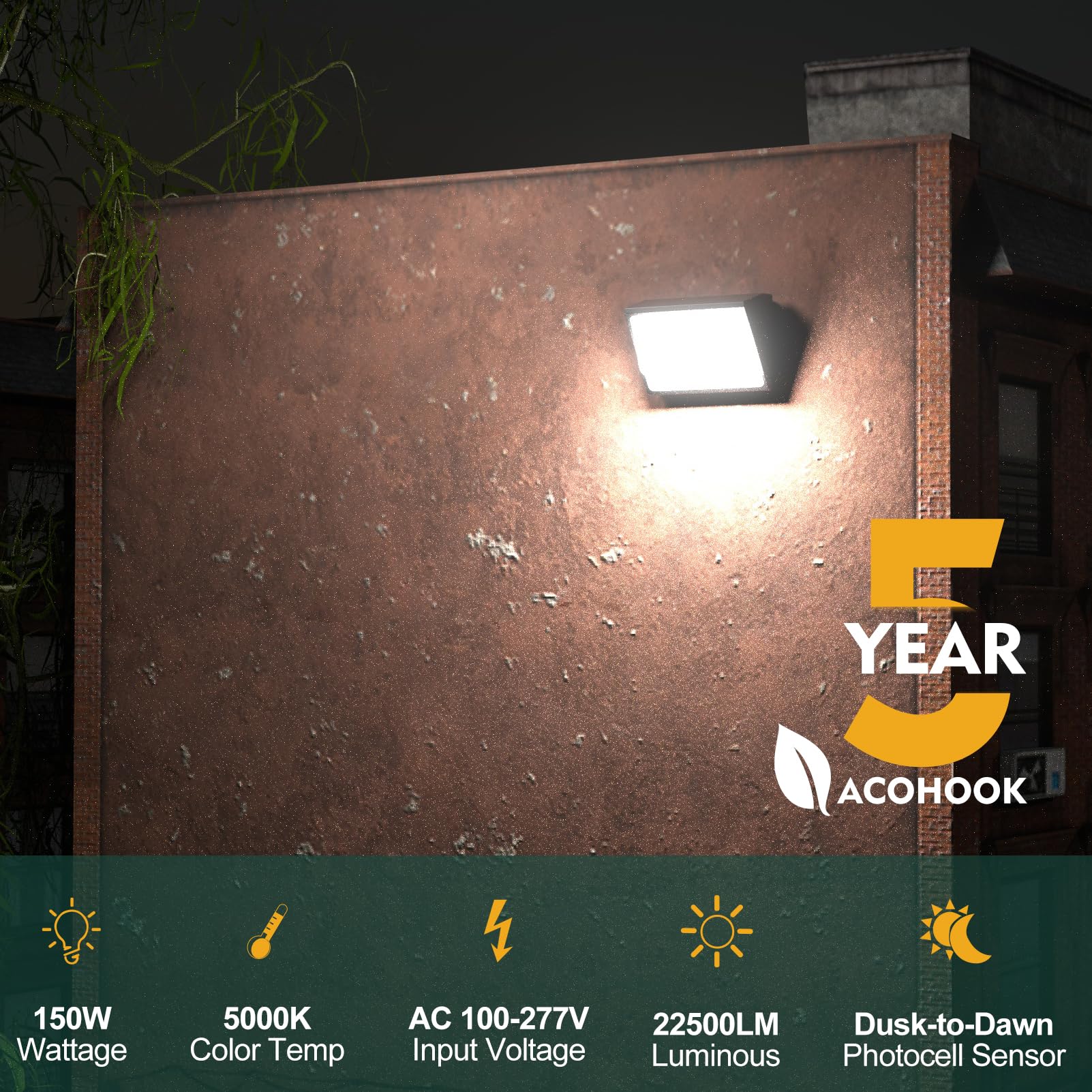 Acohook 10Pack 150W Led Wall Pack Lights  100-277V Dusk To Dawn With Photocell  22500Lm 5000K Daylight Ip65 Waterproof Outdoor Security Lighting  Energy Saving  Etl | 5-Year Warranty(Height:10~20Ft)