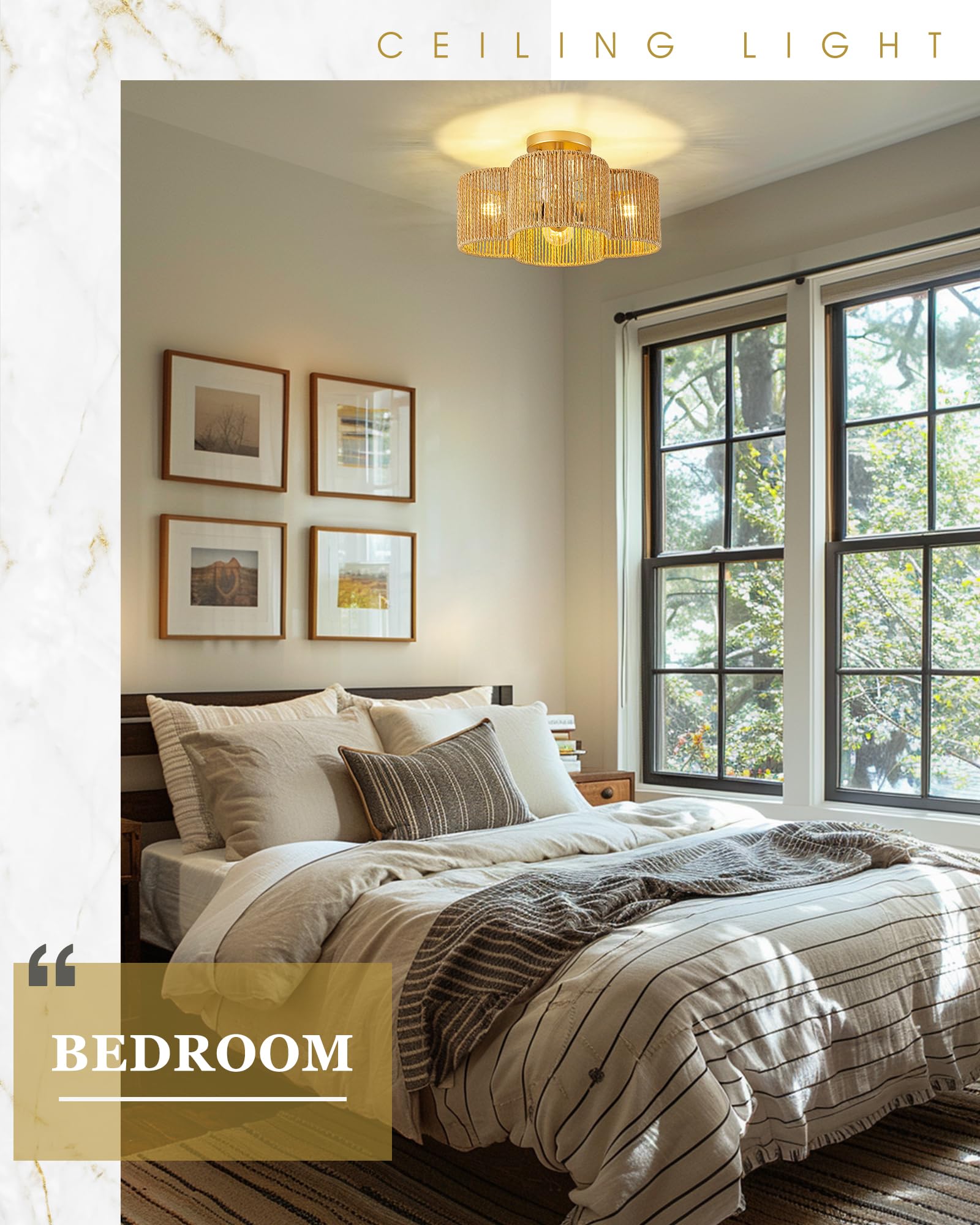 Audickic Rattan Light Fixtures Ceiling Mount, 4-Light 14'' Boho Semi Flush Mount Ceiling Light With Hand-Woven Shade In Quatrefo