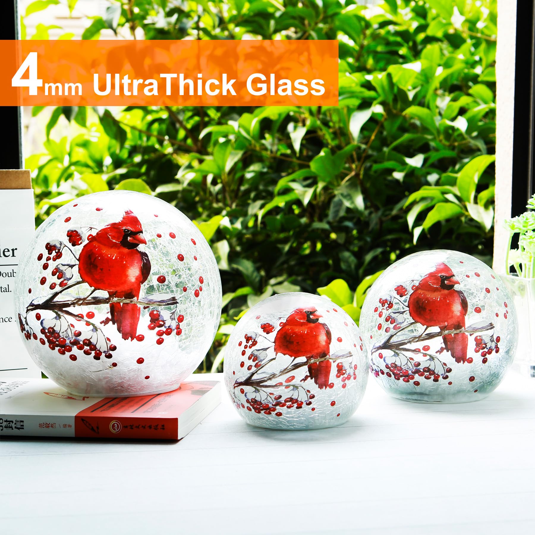 Kaowod Cordless Glass Ball Cardinal Lamp - 5" Clear Stained LED Night Light with Timer, Battery Operated Christmas Decor