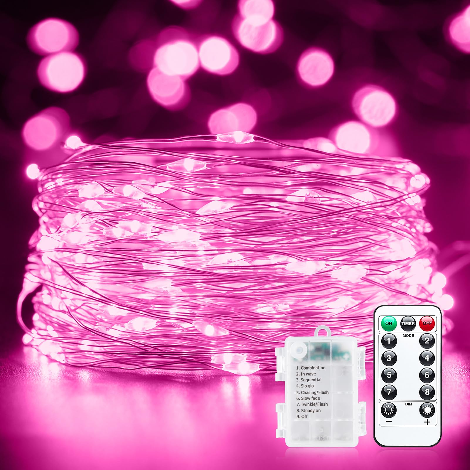 66Ft 200 LED Outdoor String Lights, Pink Fairy Lights Battery Operated with Remote, Waterproof Twinkle Lights for Bedroom Dorm Patio Tapestry Backyard Garden Party Indoor Valentine's Day Decoration
