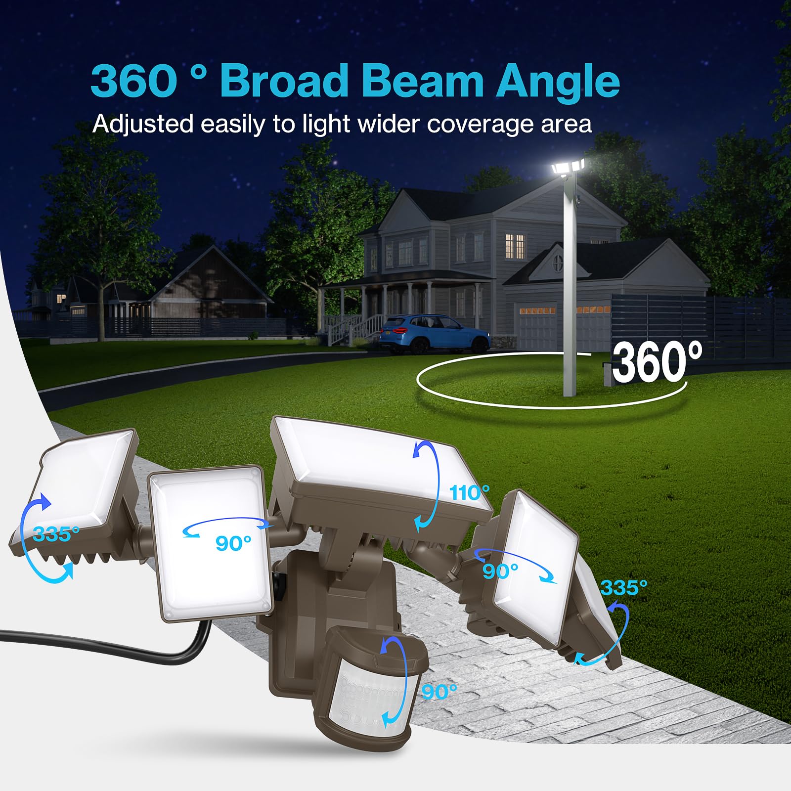 Olafus 100W Motion Sensor Outdoor Flood Light, 10000LM IP65 Waterproof, 5 Heads, Brown - Ideal for Garage & Yard Security