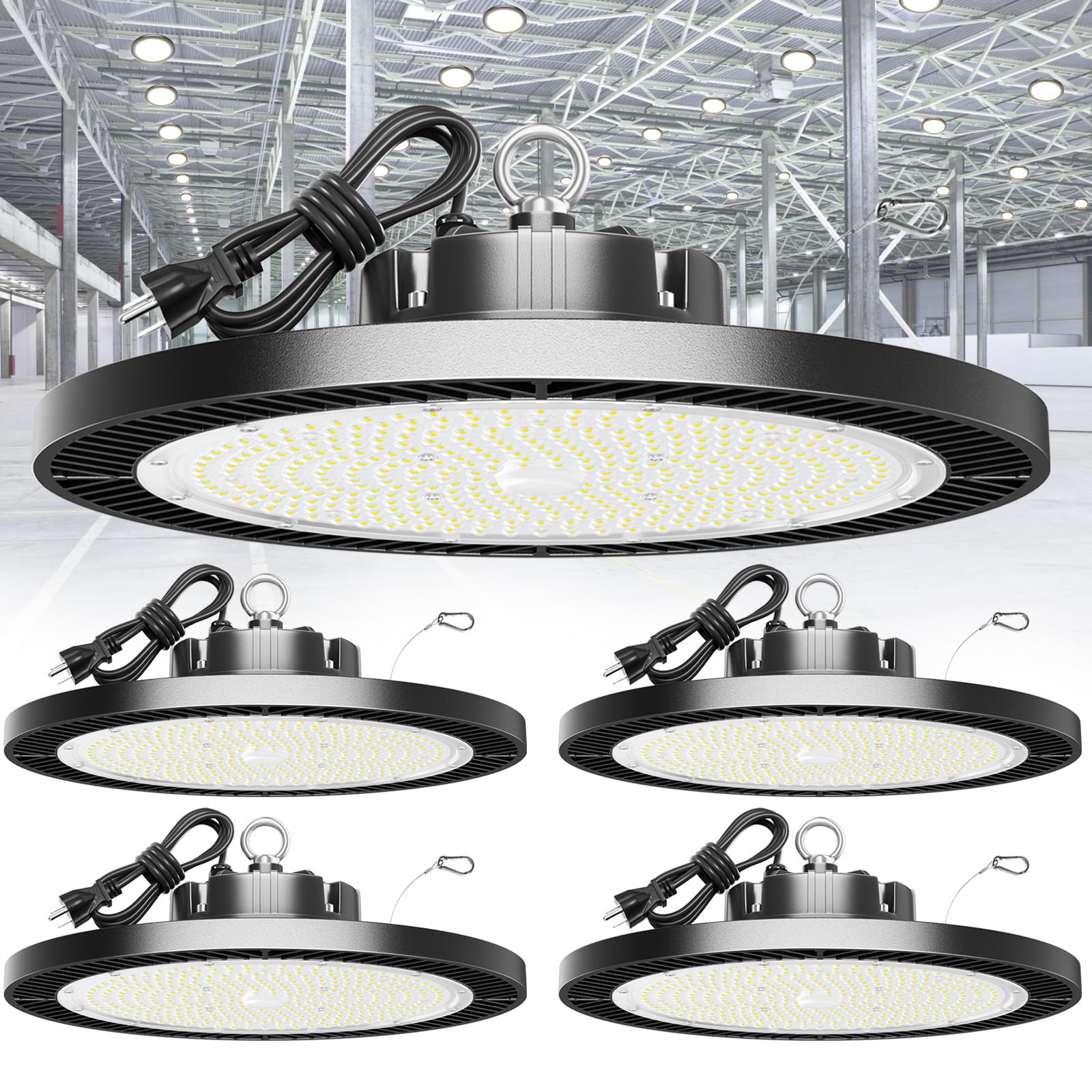 Super Bright 250W Ufo Led High Bay Light 4 Pack 5000K 35000Lm High Bay Led Shop Lights With 5 Cable Plug Hanging Shop Lights Garage Barn Lighting Light With Garage Workshop Factory Barn Warehouse