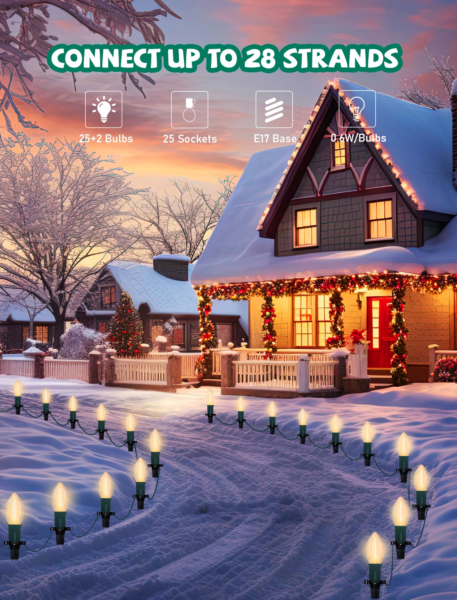 38Ft C9 Led Christmas Pathway Lights Outdoor, 25 C9 Led Warm White Christmas Pathway Stakes Lights Waterproof, Outdoor Christmas