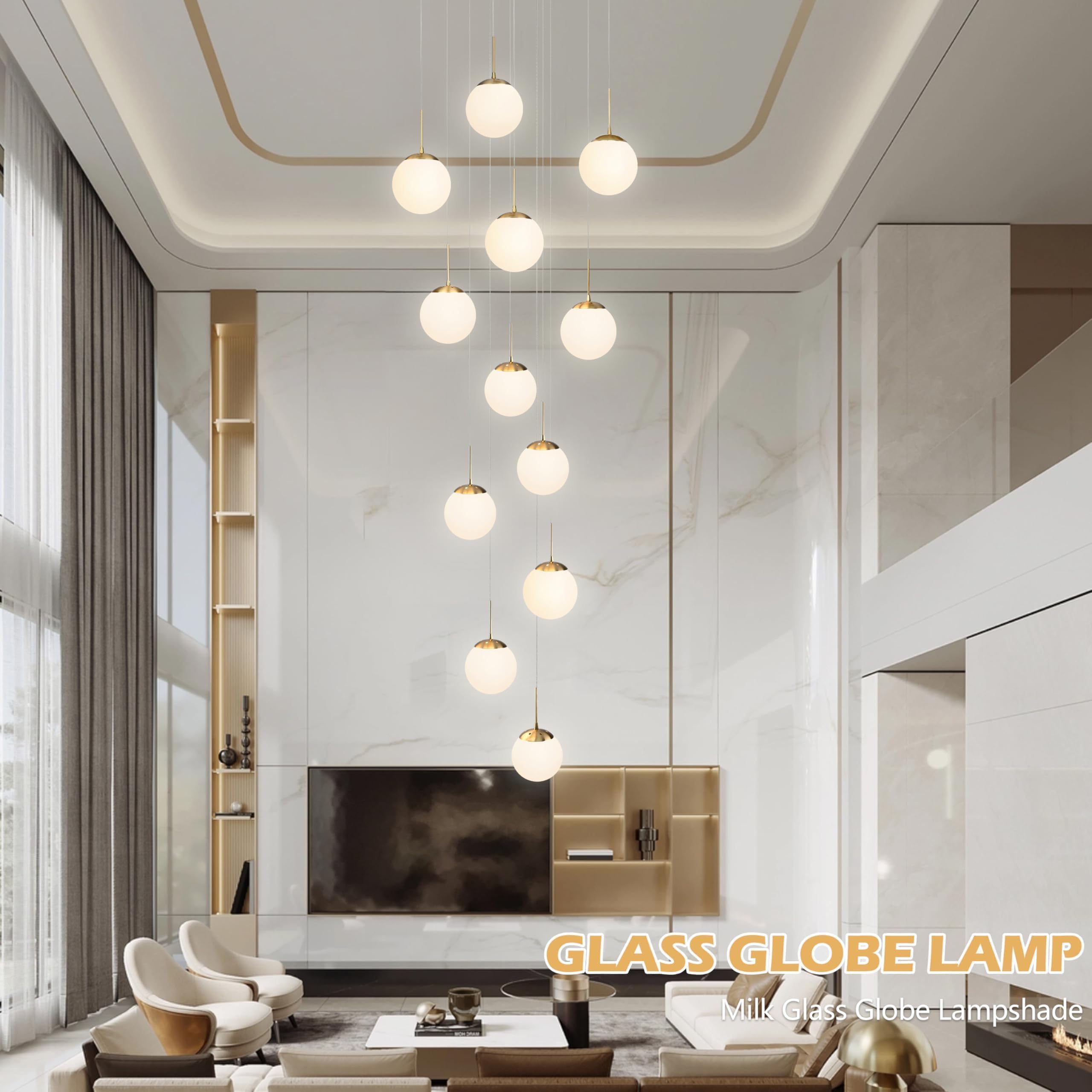 Koko&Yukina 12-Light Gold Mid Century Modern Chandelier For Living Room Staircase Chandelier For Entryway Globe Milky White Glas