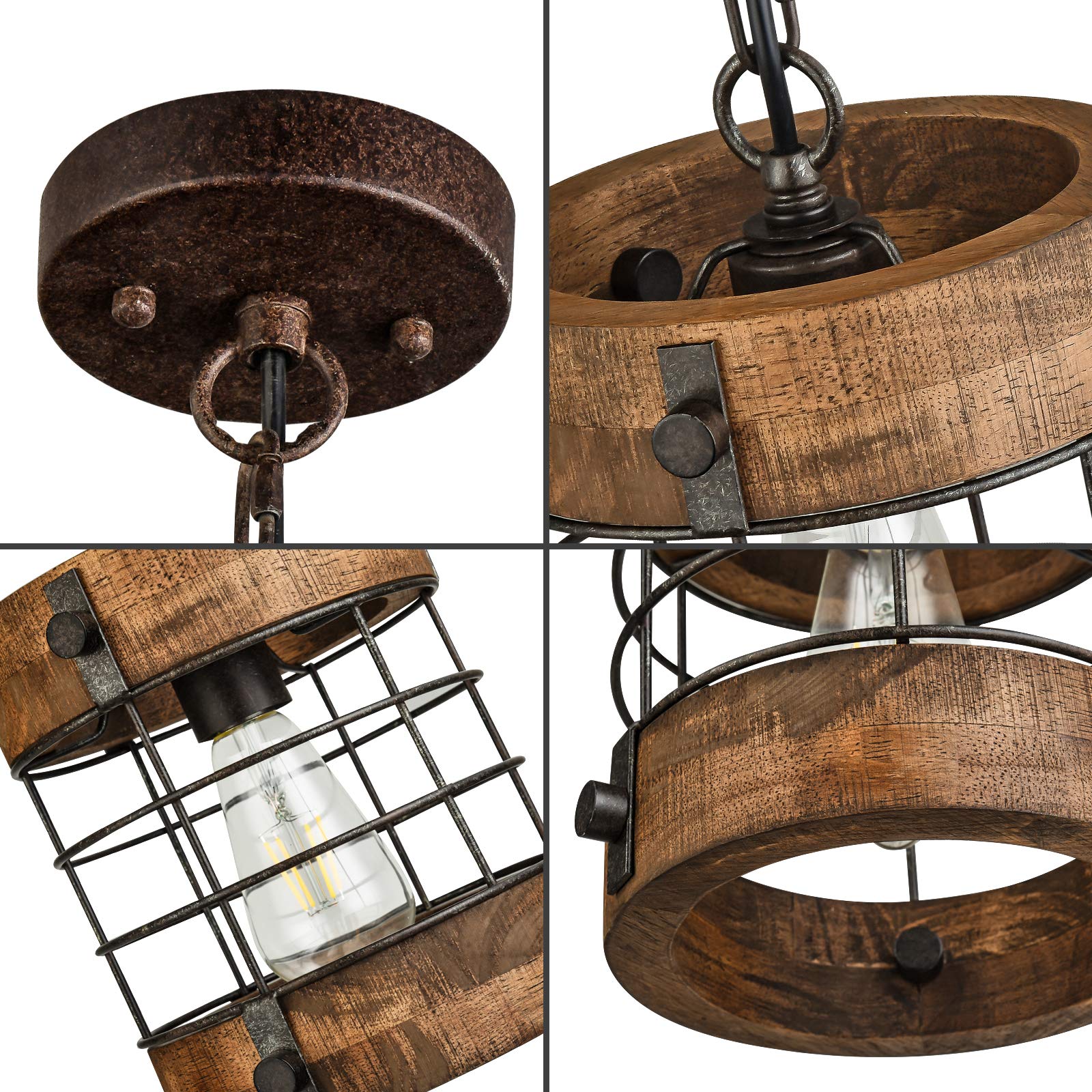 Wochos Retro Industrial Metal And Wood Chandelier 1-Light Round Cage Pendant Light Fixture For Kitchen Island Foyer Hallway Bar Dining Room Restaurant, D 7.9" X H 8.7" (Brown)