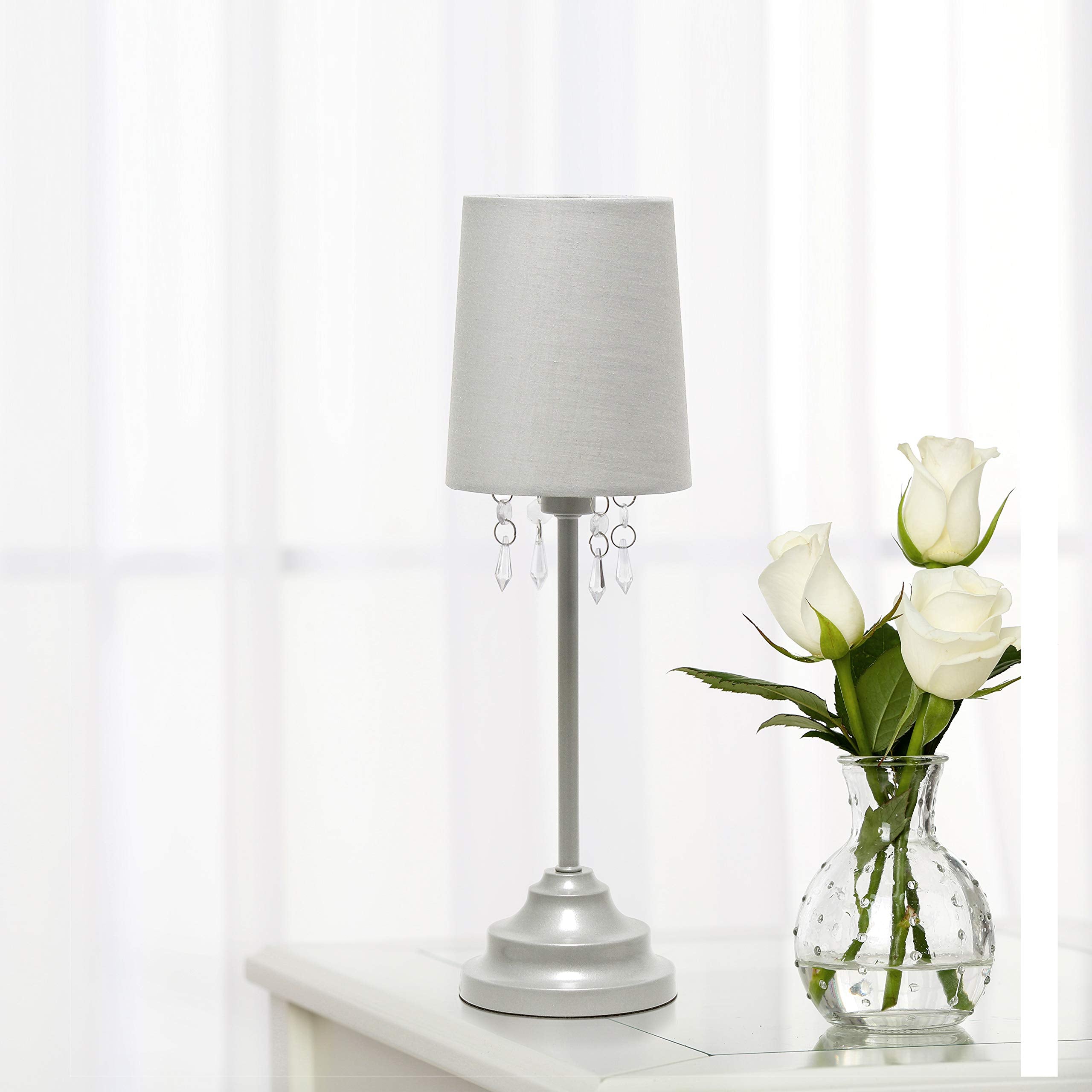 Simple Designs Lt3018-Gry Table Lamp With Fabric Shade And Hanging Acrylic Beads, Gray