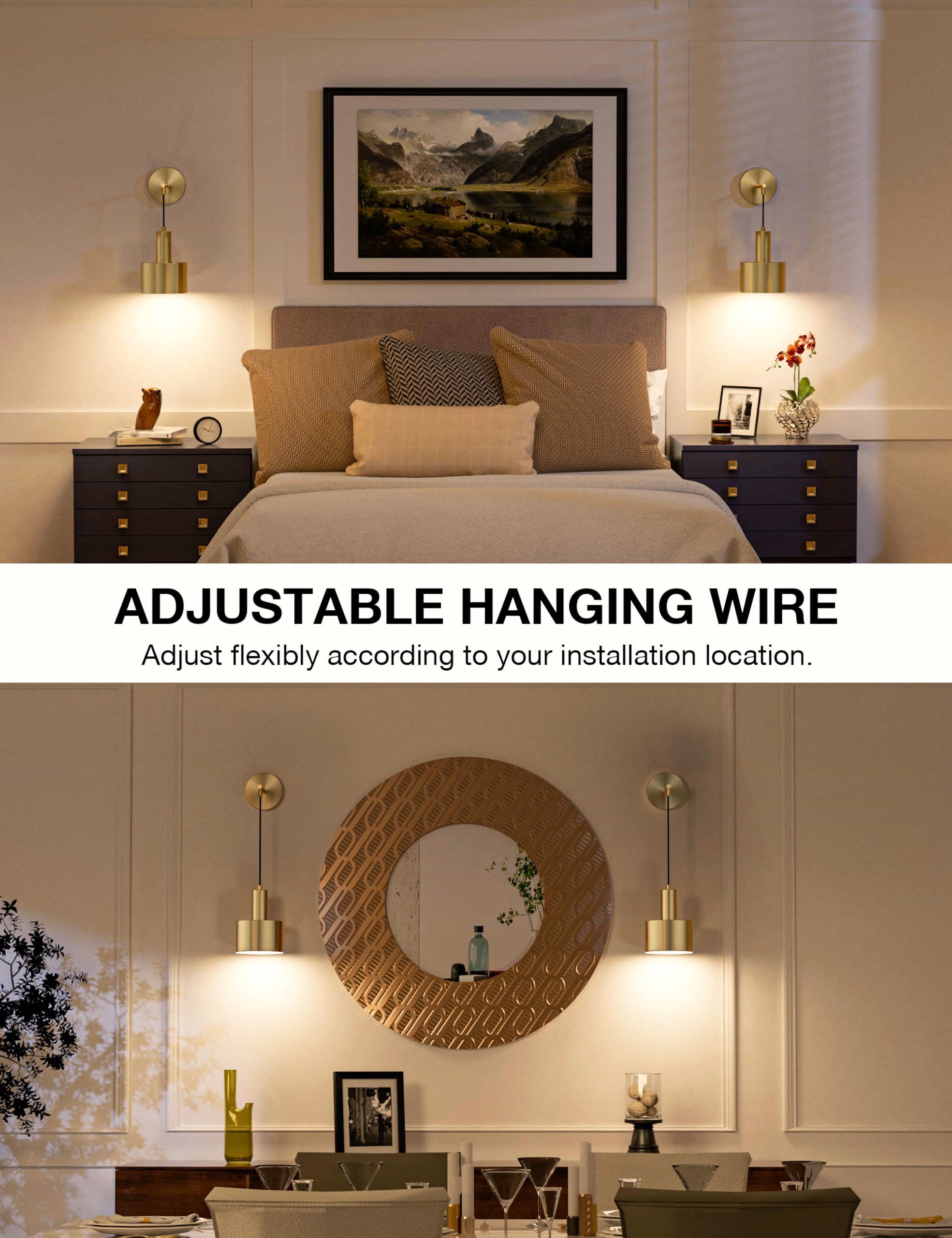 NIORSUN Battery Operated Wall Sconce Set of 2, Gold Wireless Rechargeable Lights with Remote, Dimmable 5200mAh Bulbs for Home Decor