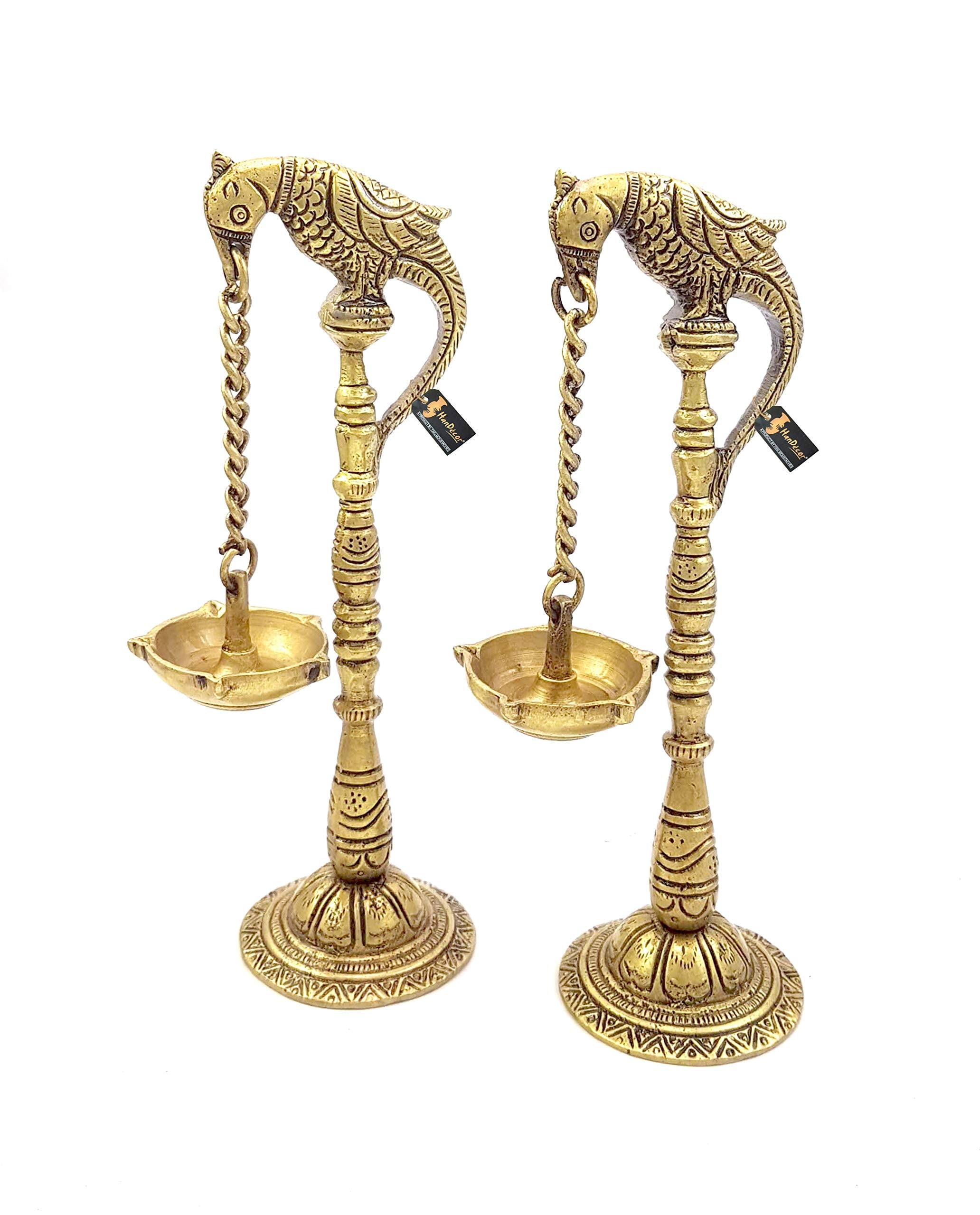 Two Moustaches Parrot Design 7.5 Inches Brass Hanging Diya Pair (Pack of 2), Antique Yellow, Standard