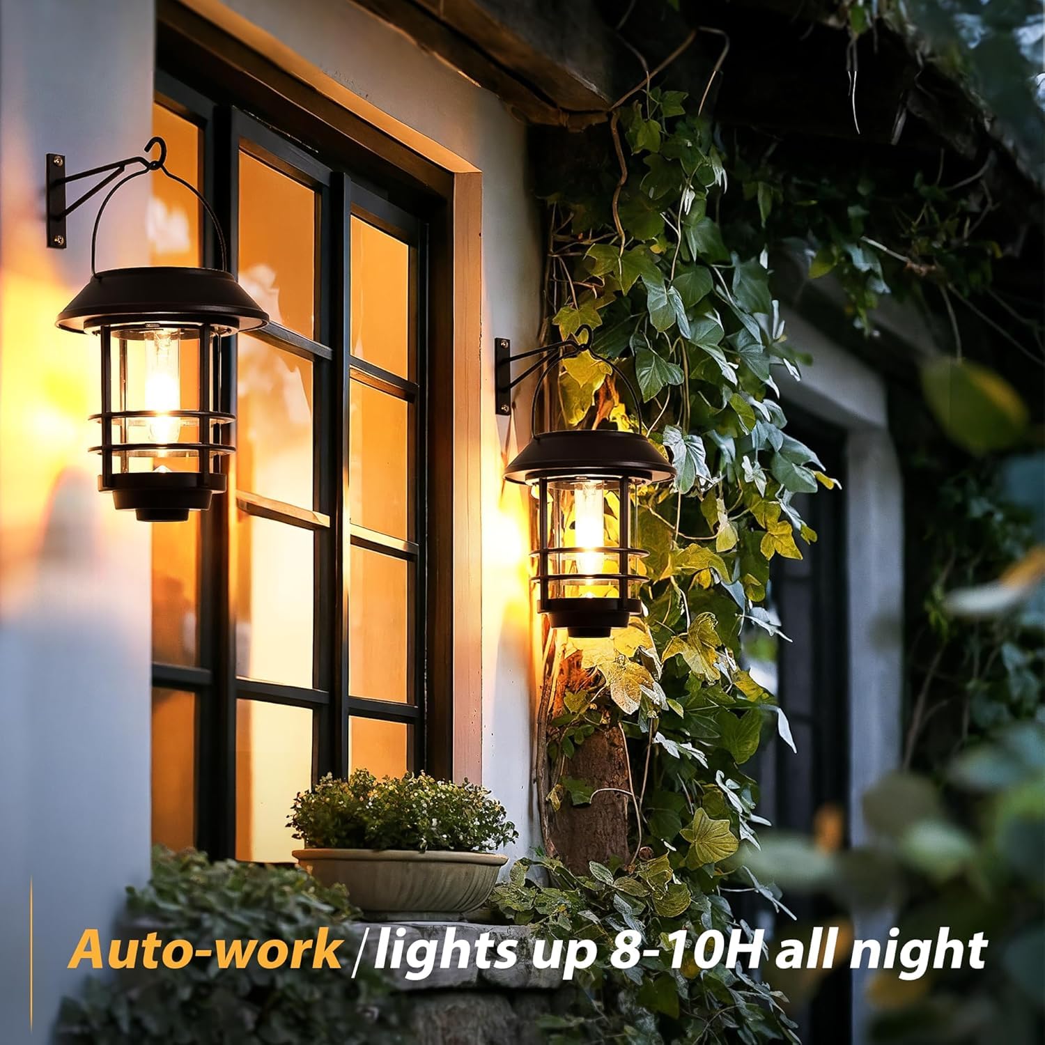 Otdair Solar Lanterns Outdoor 2 Pack, Waterproof Auto On/Off, Hanging Lights for Wall, Porch, Yard, Garden, Classic Black