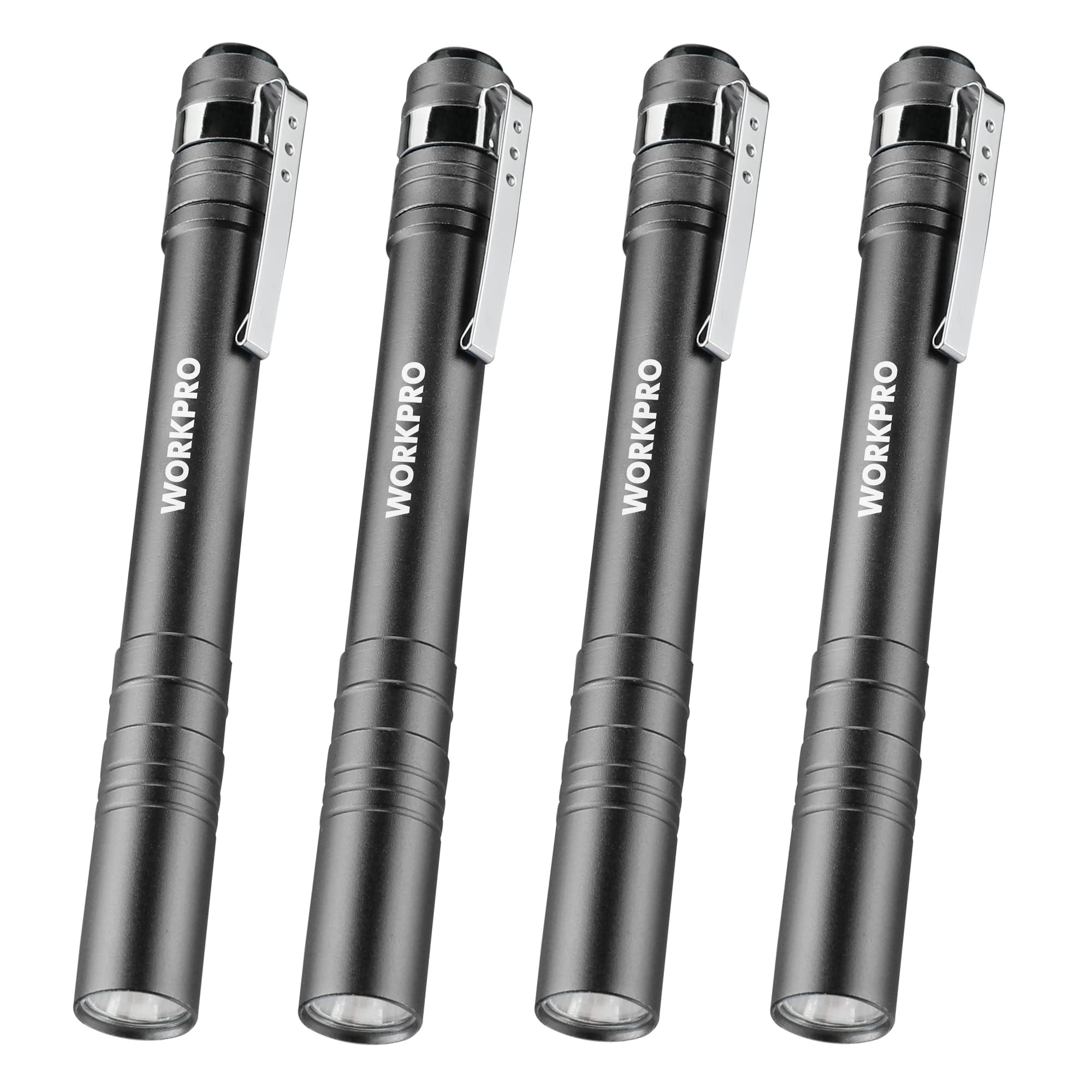 WORKPRO LED Pen Light - Aluminum Pocket Flashlight with Clip, Gray - 4-Pack, Includes 2AAA Batteries, Model W139012