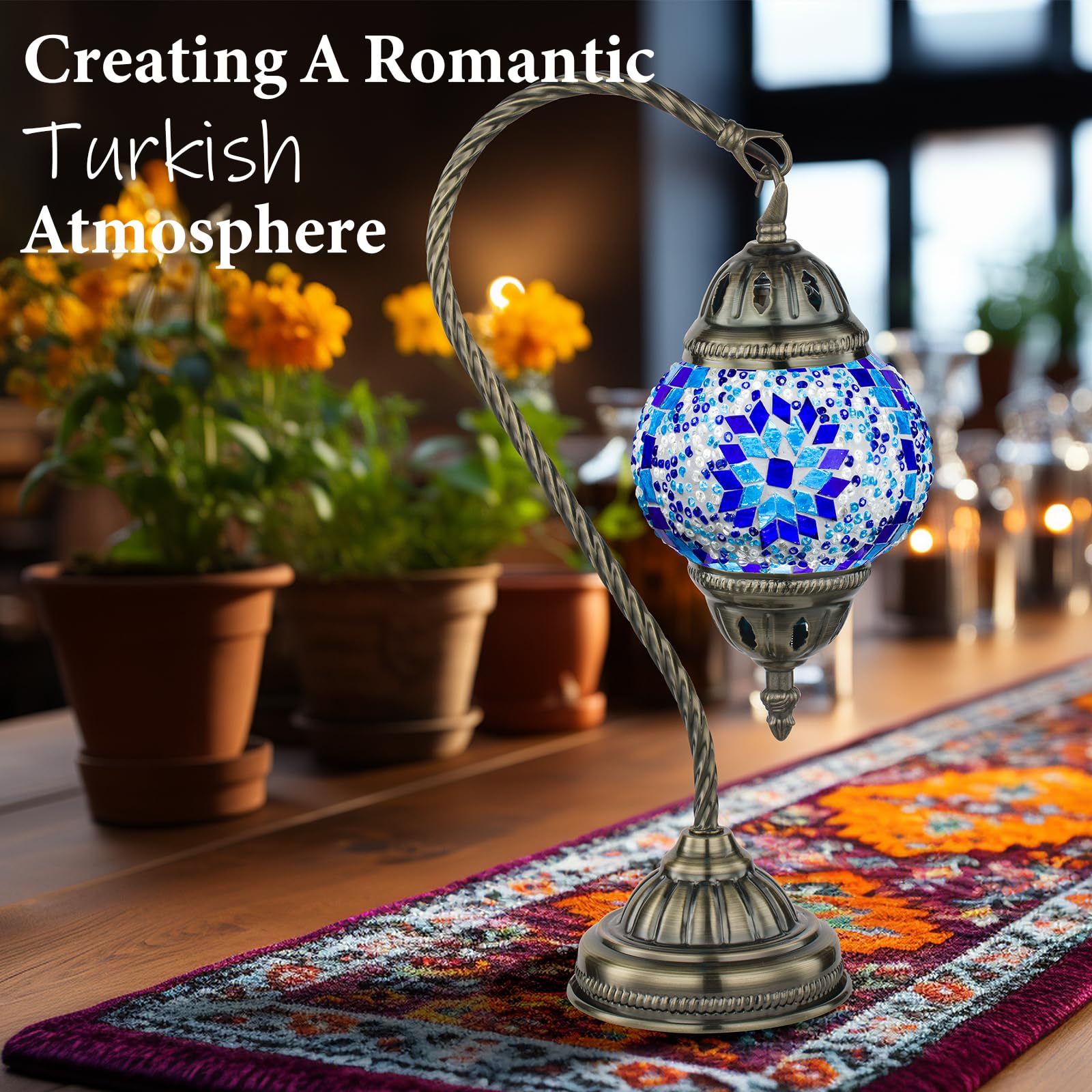 Marrakech Turkish Mosaic Glass Table Lamp with Swan Neck Bronze Base, LED Bulb, 408gb, Mosaic Blue, Model YMA403-N1-Swan-Blue