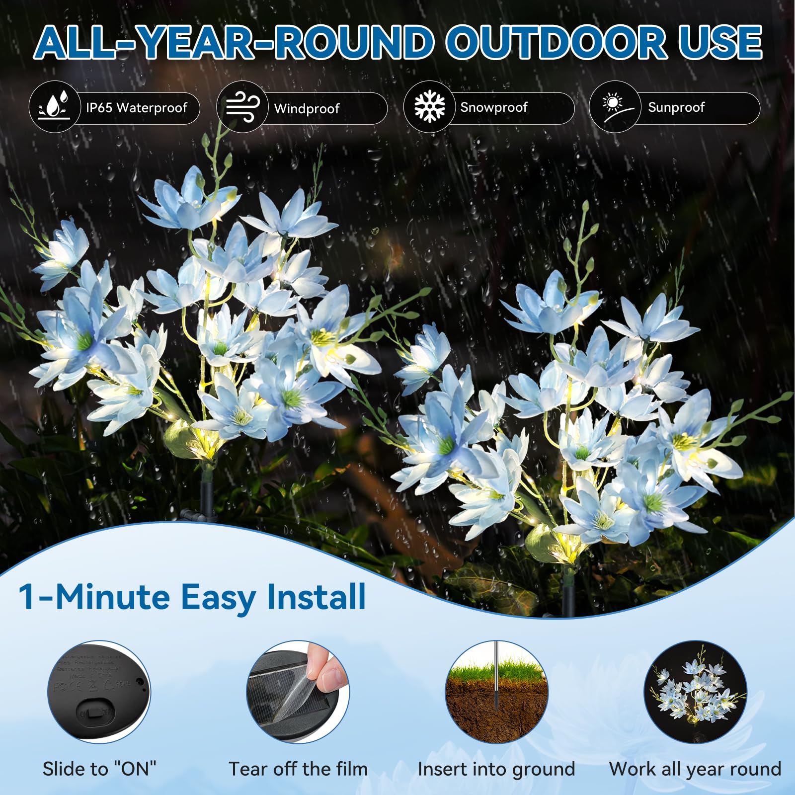 Neporal Solar Flowers 5-Head Snow Lotus, Waterproof IP65, Warm LED Light, 4 Packs, Blue