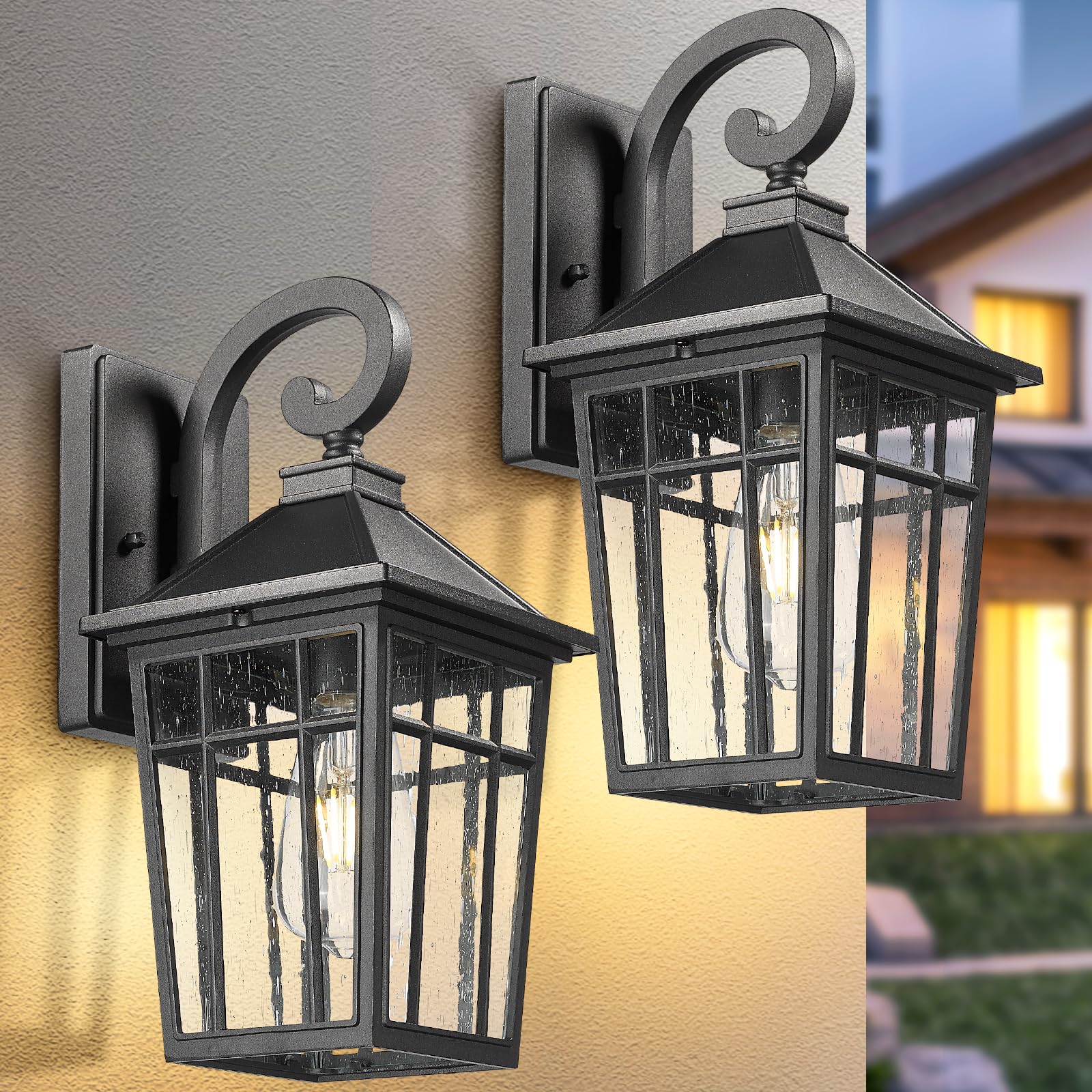 Darkaway Outdoor Wall Lights, Waterproof Black Sconce With Seeded Glass, 2-Pack For Porch & Garage