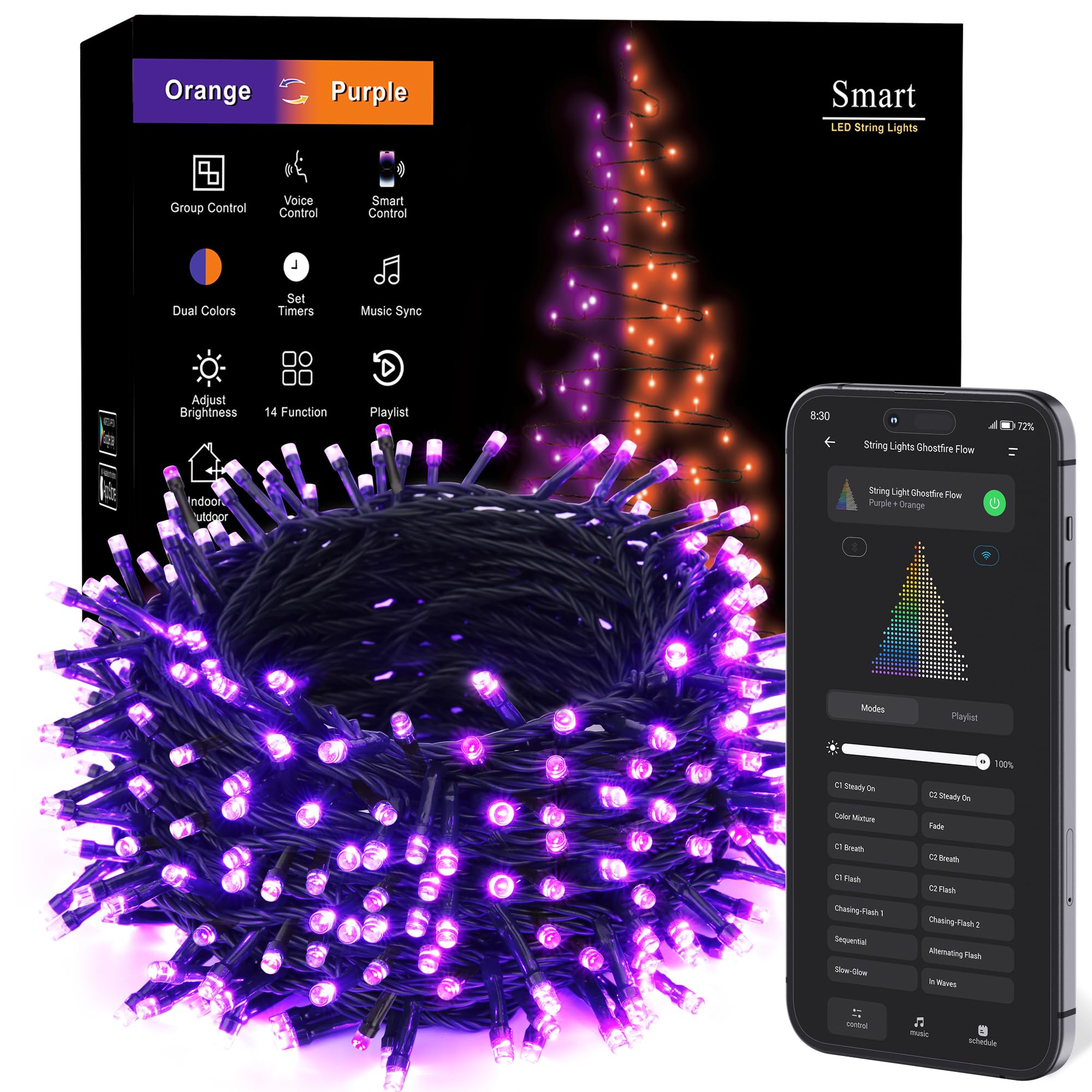 Brizled Smart Halloween Lights  300 Led 98Ft Orange & Purple Color Changing String Lights App & Voice Control  Music Sync  Dimmable Ghostfire Flow Light For Outdoor Indoor Halloween Thanksgiving Decor