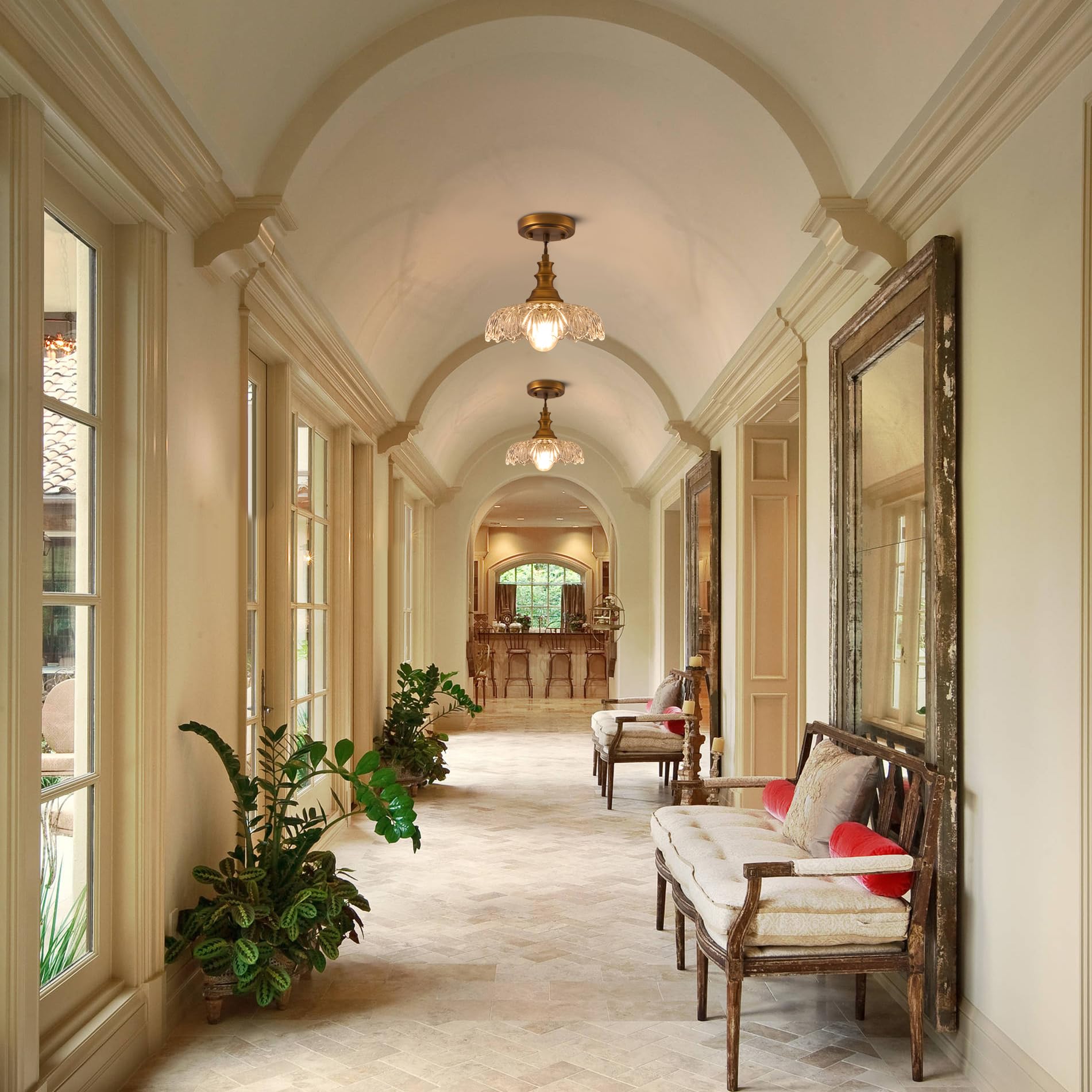 Curreyfols Set Of 2 Pack Vintage Chandelier/Light Fixtures/Glass Flower Pendant Lights Antique Brass/Gold Finish Farmhouse Moder