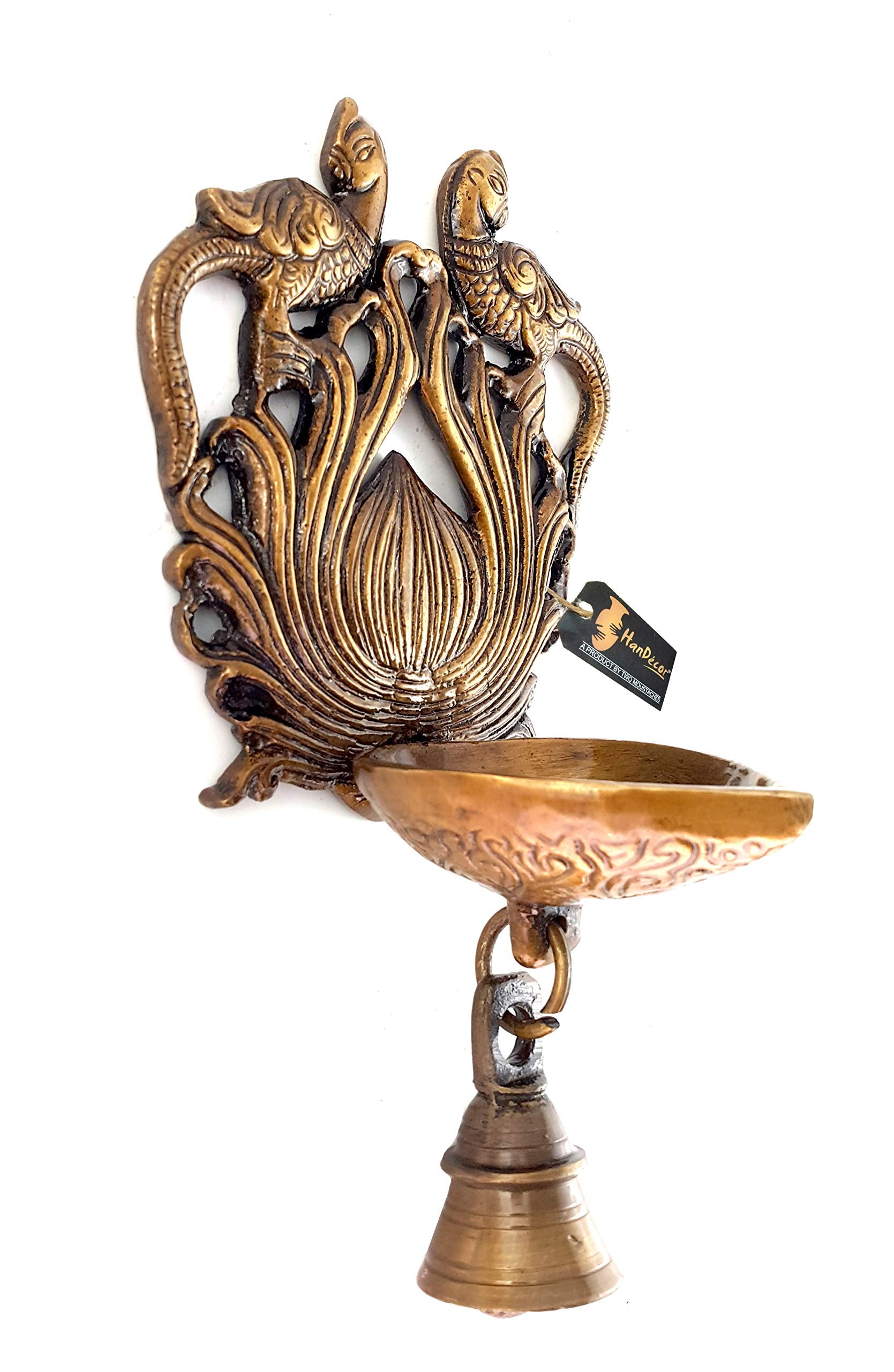 Two Moustaches Ethnic Design Twin Peacock with Bell Brass Wall Hanging Diya, Brass Hanging Diya, Brass Deepam, Diyas for Decorat