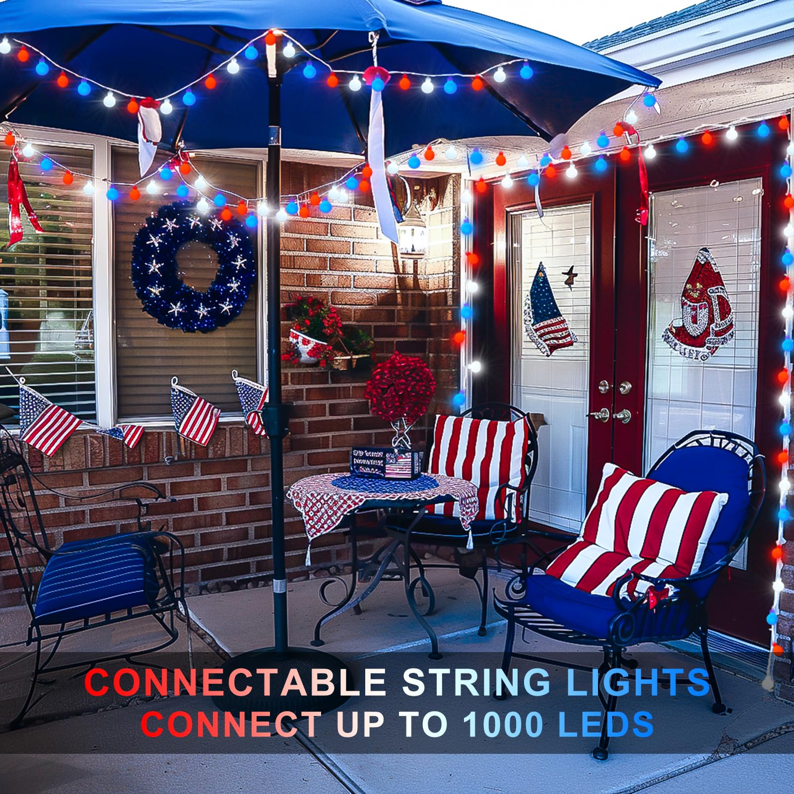 100 Led Connectable Red White And Blue Lights Indoor Outdoor Waterproof, 33Ft 4Th Of July Decoration Lights, 8 Modes Globe String Lights Plug In With Remote For Independence Day Party Patriotic Decor