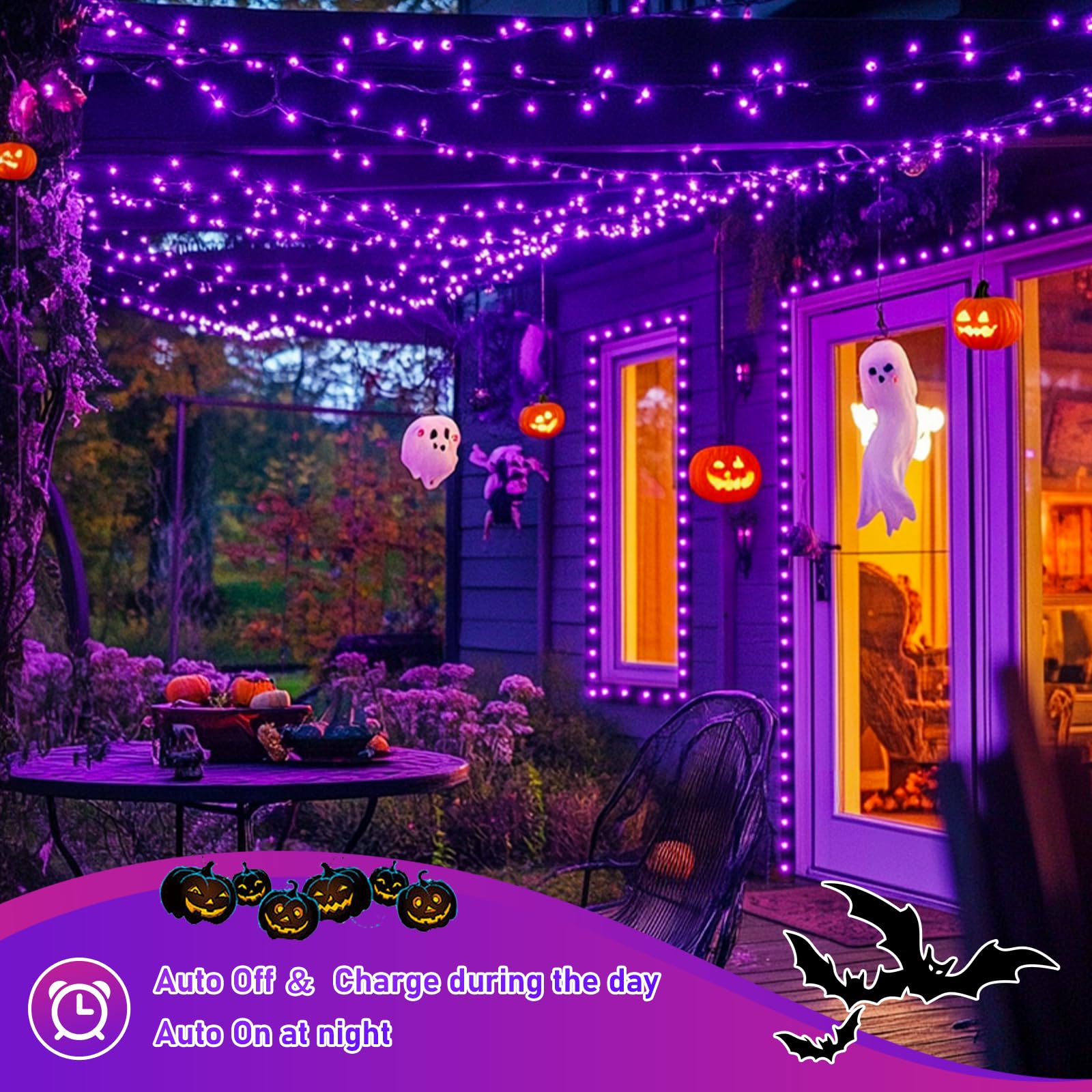 JMEXSUSS Solar Fairy String Lights, 200 LED, 66ft, 8 Modes, Copper Wire, Purple, 2 Pack for Christmas, Garden, Party Decorations