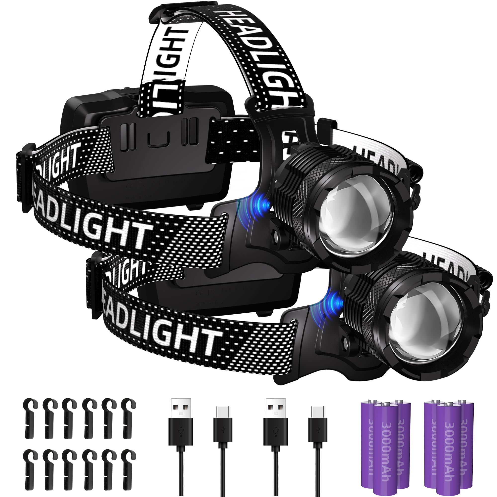 Zmoon Rechargeable LED Headlamp, 40H Battery Life, 3 Lighting Modes, IP67 Waterproof, Black, Model 9683, 2PCS