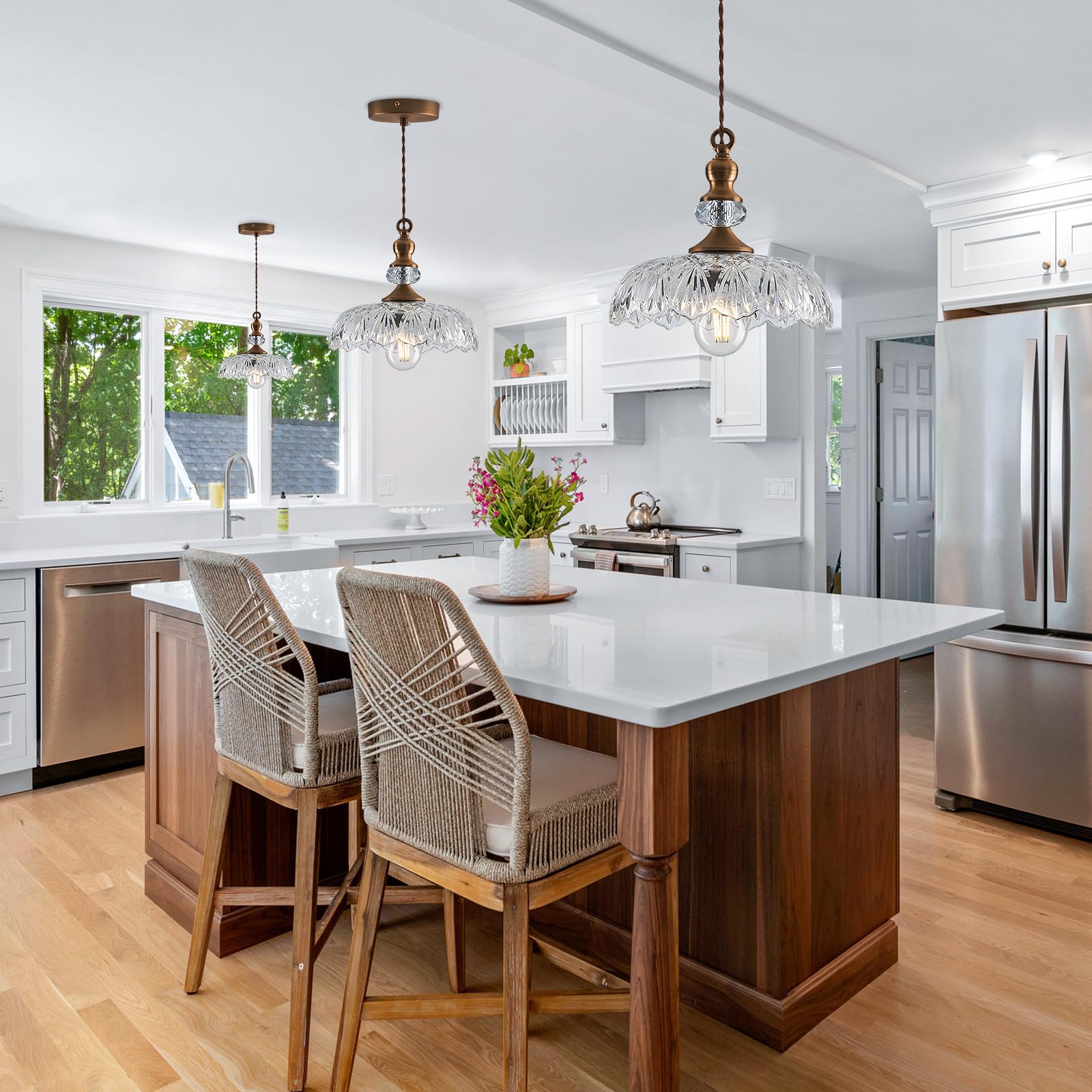 Vintage Glass Pendant Light Fixture 2-Pack Brass Modern Adjustable Chandelier Farmhouse Hanging Ceiling Light For Hallway Porch