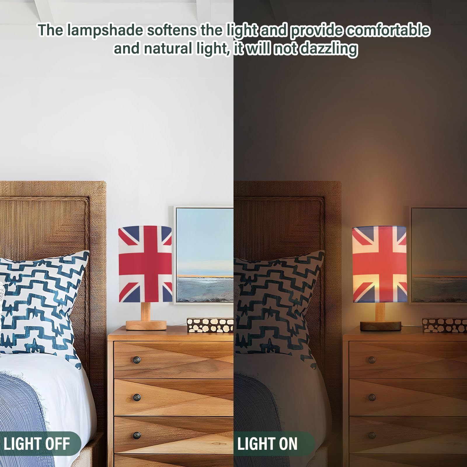 YYZZH Table Lamp - British Flag Union Jack Design, Multi-colored Fabric Shade, Wood Base, Ideal for Living Room, Bedroom, Office