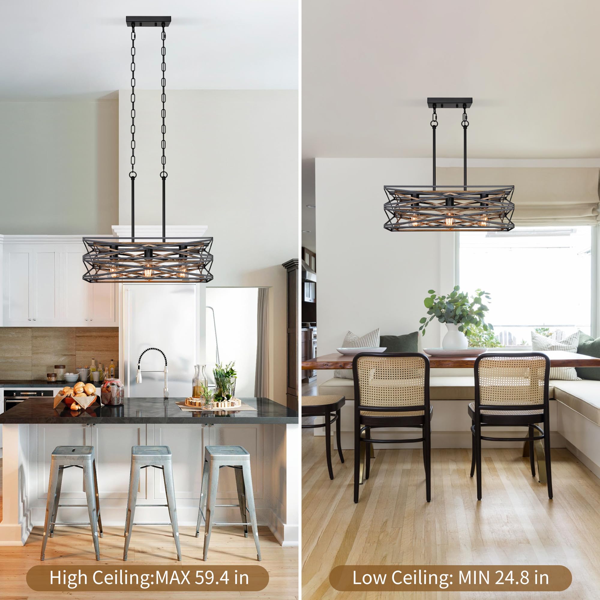 Sigaitwei 21''Farmhouse Dining Room Light Fixture,3-Light Kitchen Island Lighting,Industrial Chandelier For Dining Room Over Table Kitchen Bar,Linear Chandelier With Retro Wood Texture Interior