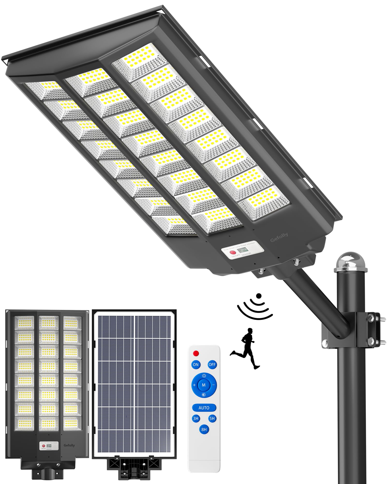 Gefolly SL-8600W Solar Street Light, 680000LM, Dusk to Dawn, IP67, Motion Sensor, Black