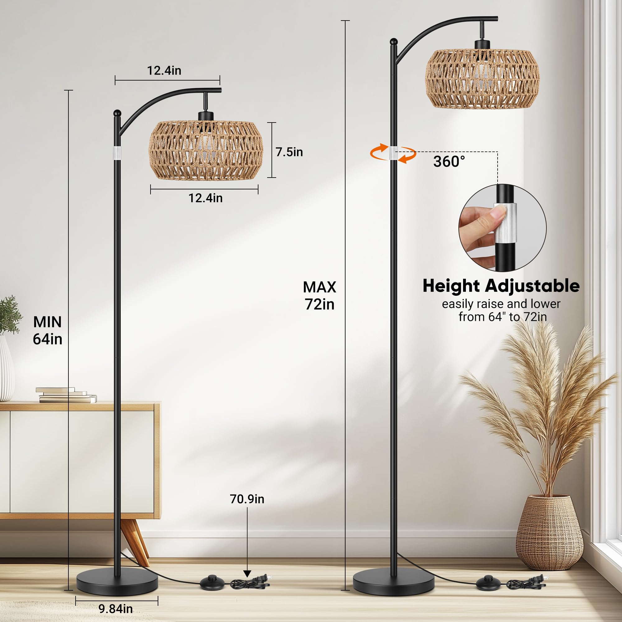 Rottogoon Boho Floor Lamp With Dimmable Bulb, Rattan Shade, Boho Standing Tall Lamps With Foot Switch, Black Bohemian Floor Lamp