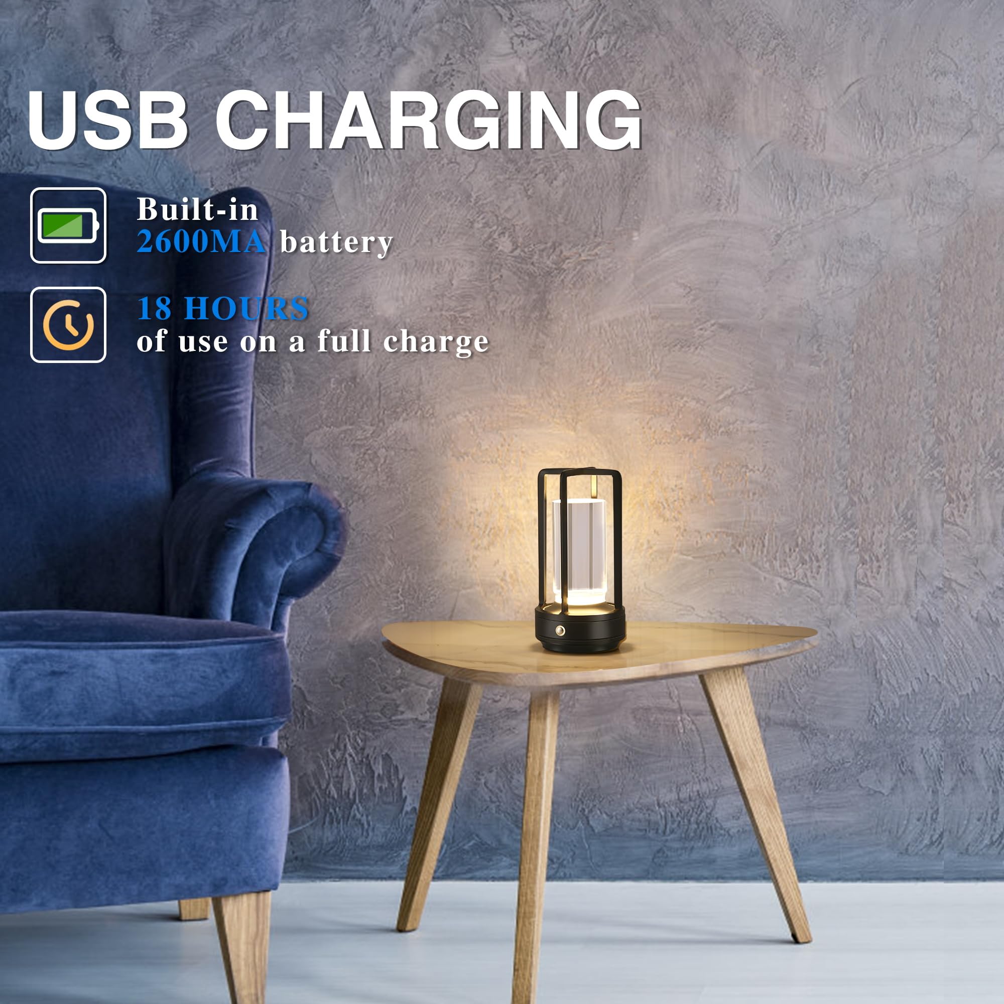 Anxingtools Portable Metal Table Lamp - Cordless LED Desk Lamp, 3 Color Dimming, 3.54x3.54x7.08 inches, Rechargeable, Black, Model AN