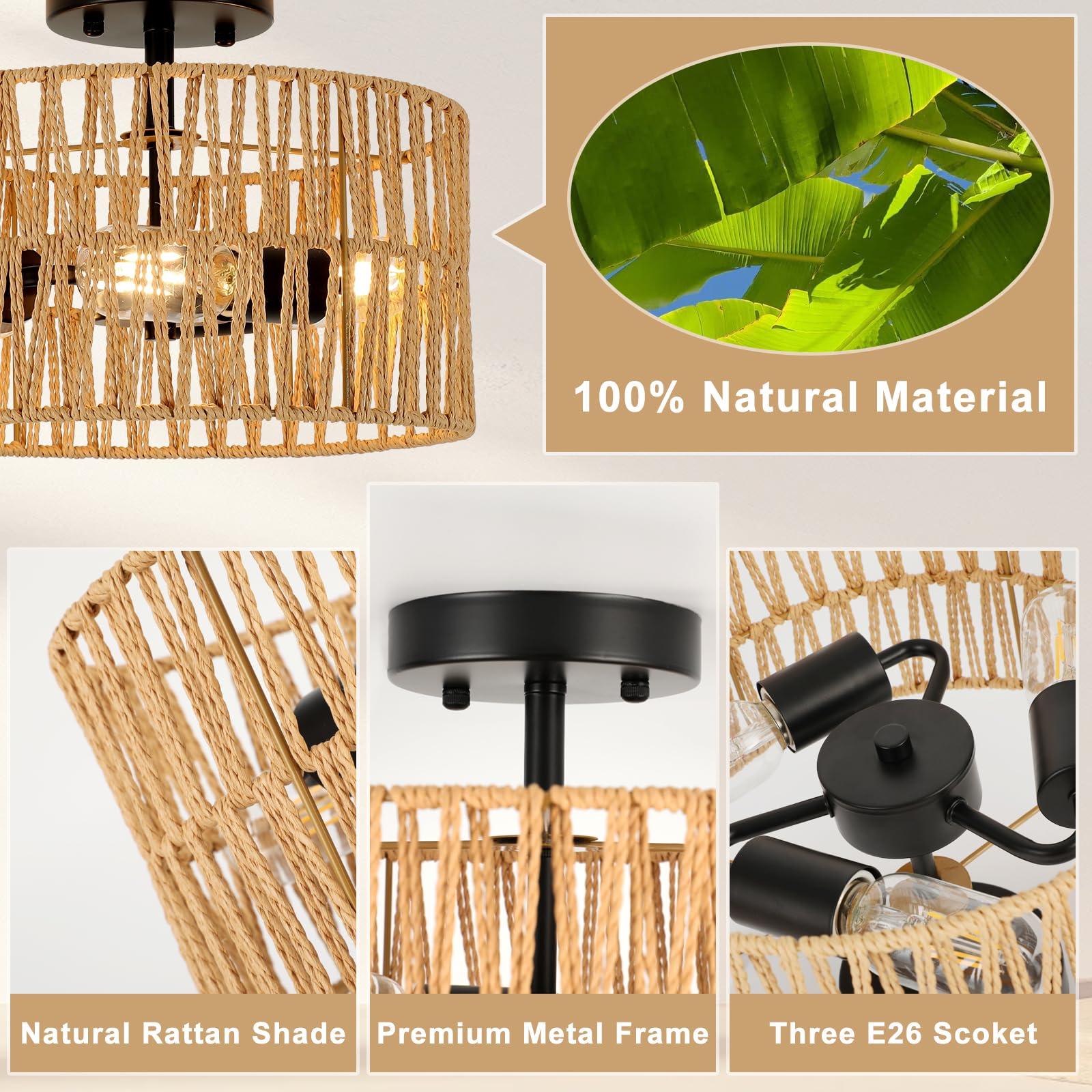 Foucasal Woven Semi Flush Mount Light Fixture, 3-Light Farmhouse Rattan Light Rustic Coastal Hemp Rope Black Ceiling Light For H