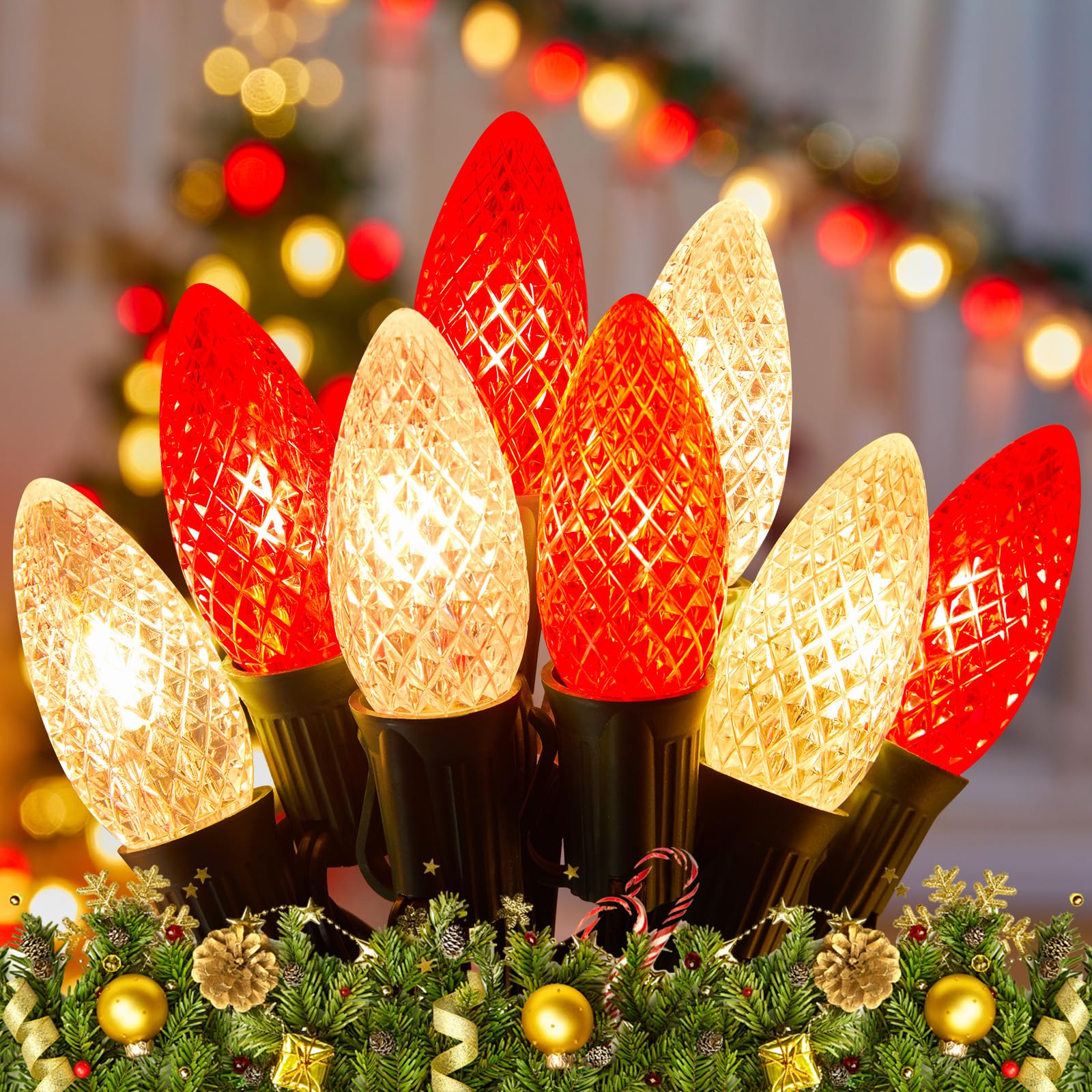 Minetom C9 LED Christmas Lights ·150 FT, 75 LED, Waterproof, Red and Warm White, Indoor/Outdoor Decor