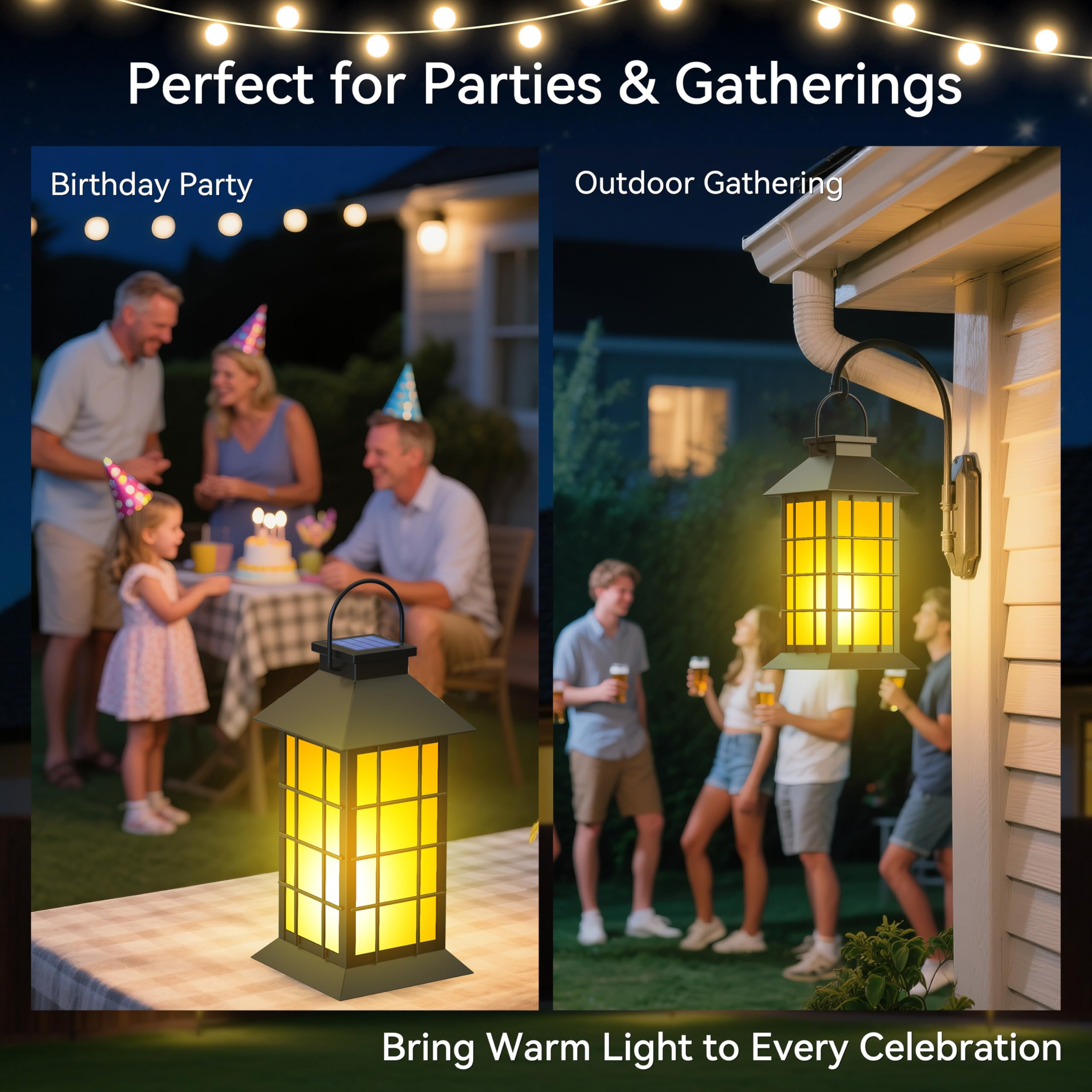 anyperfect 2 Pack Solar Lanterns - 13" Black Metal & Glass with Flickering Flame - Waterproof Outdoor Garden Lights