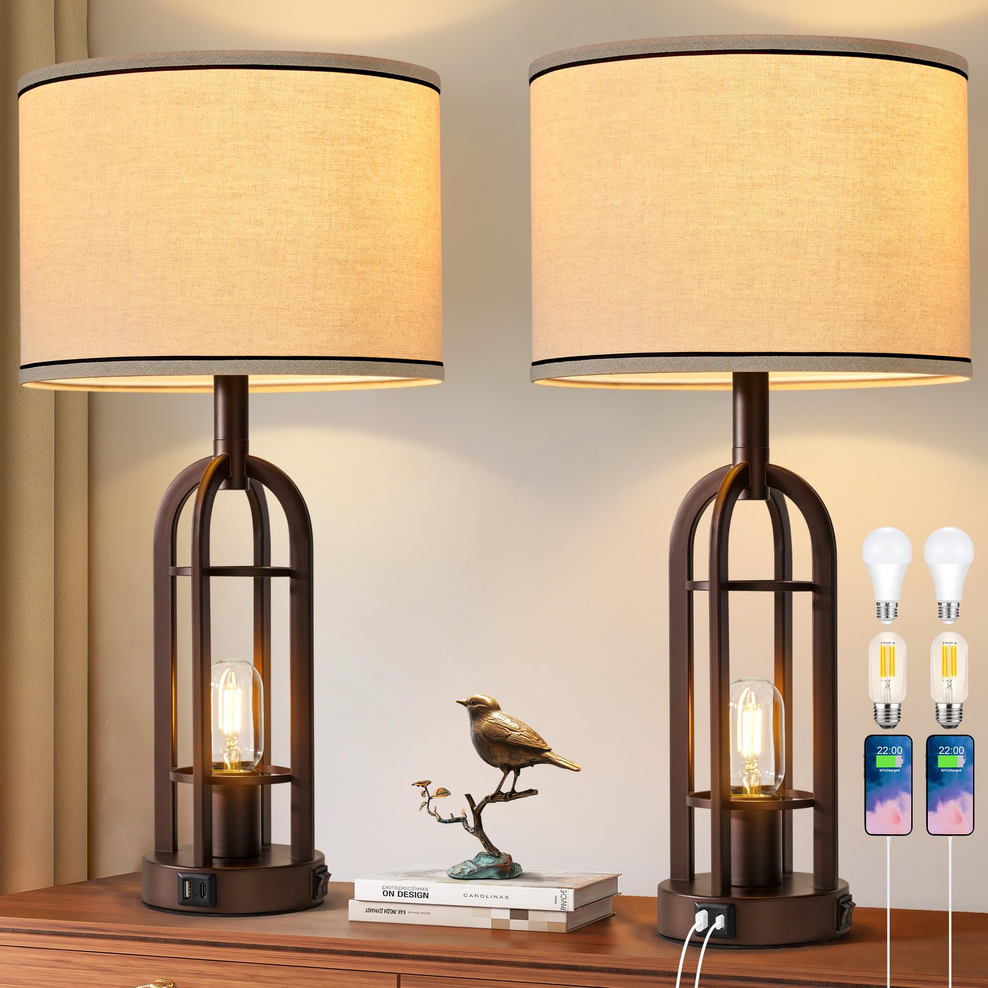 SRJJA Farmhouse Table Lamps for Living Room Bedroom Set of 2 - Rustic Industrial Bedside Lamps for Night Stands with USB A+C  24 Vintage Nightstand Lamp with Night Light  Bulbs Included