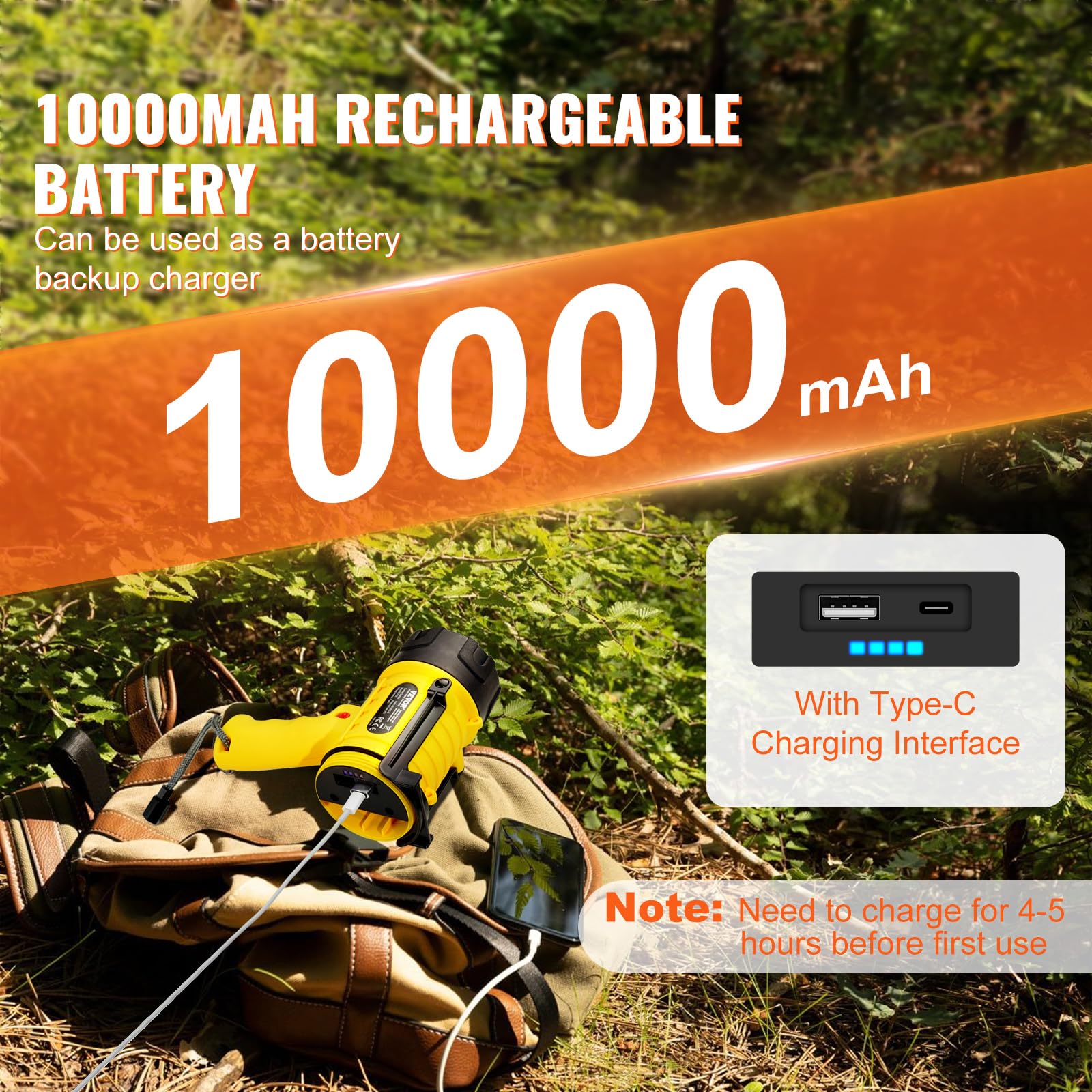 VEVOR Rechargeable Spotlight Flashlight, 100000 Lumens, IP67 Waterproof, 4 Modes, Model MX-6005-D, Yellow+Black