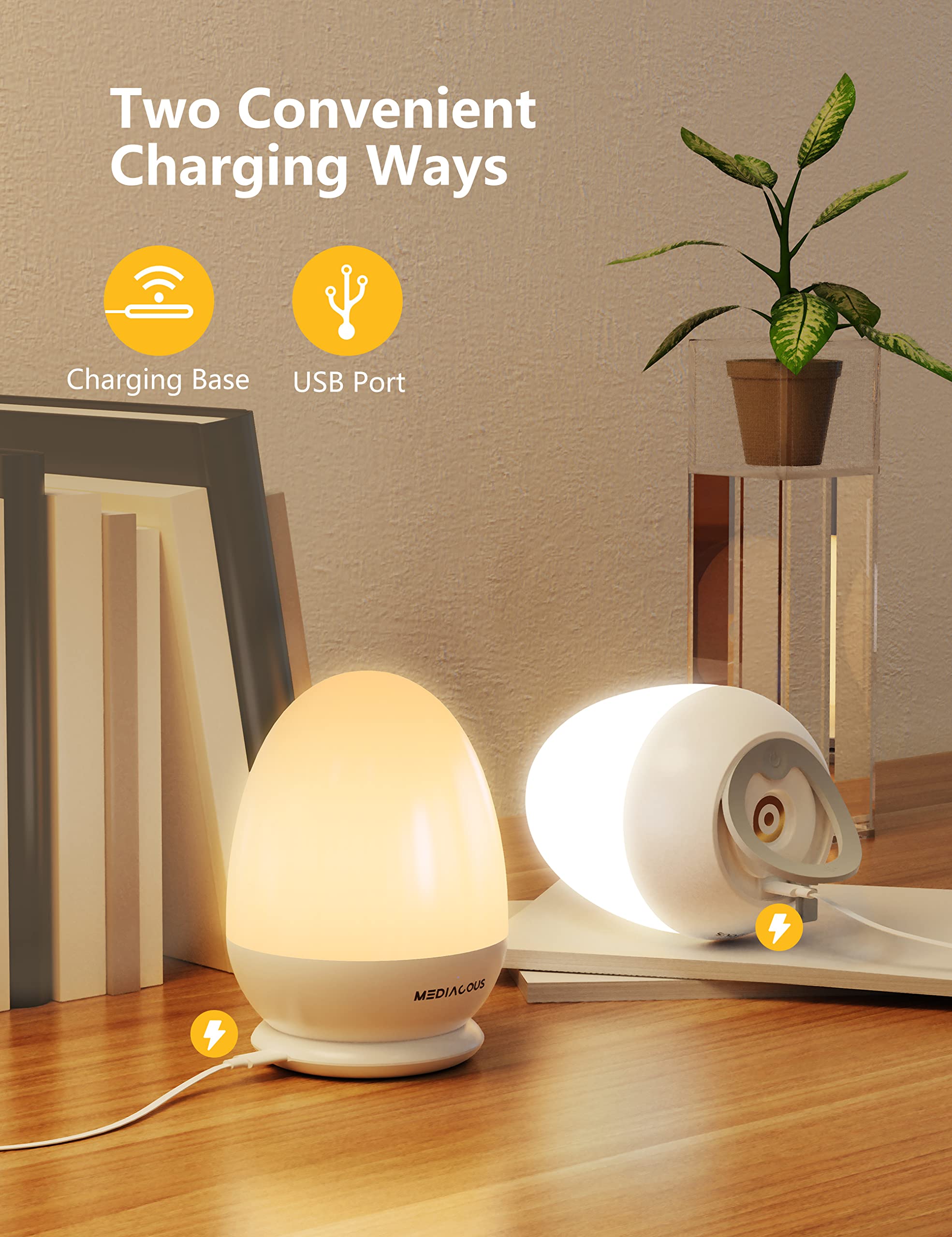 MediAcous Kids Night Light - Dimmable LED Egg Lamp with Touch Control, Timer, Stable Charging Pad, White, Model ME-NL02