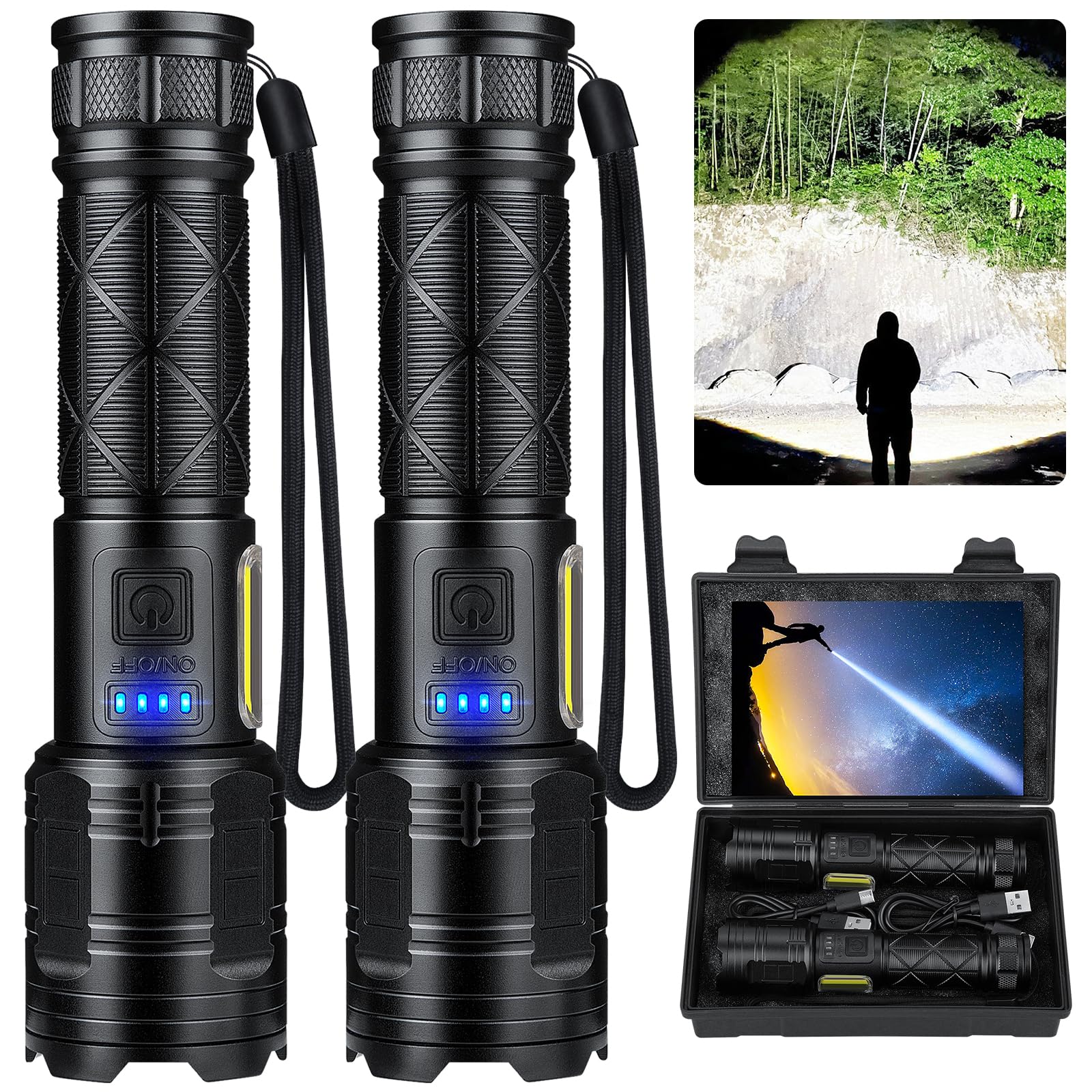Cinlinso Rechargeable LED Flashlights 990000 High Lumens 2 Pack, Super Bright Flash Light with 7 Modes, IPX7 Waterproof, Powered