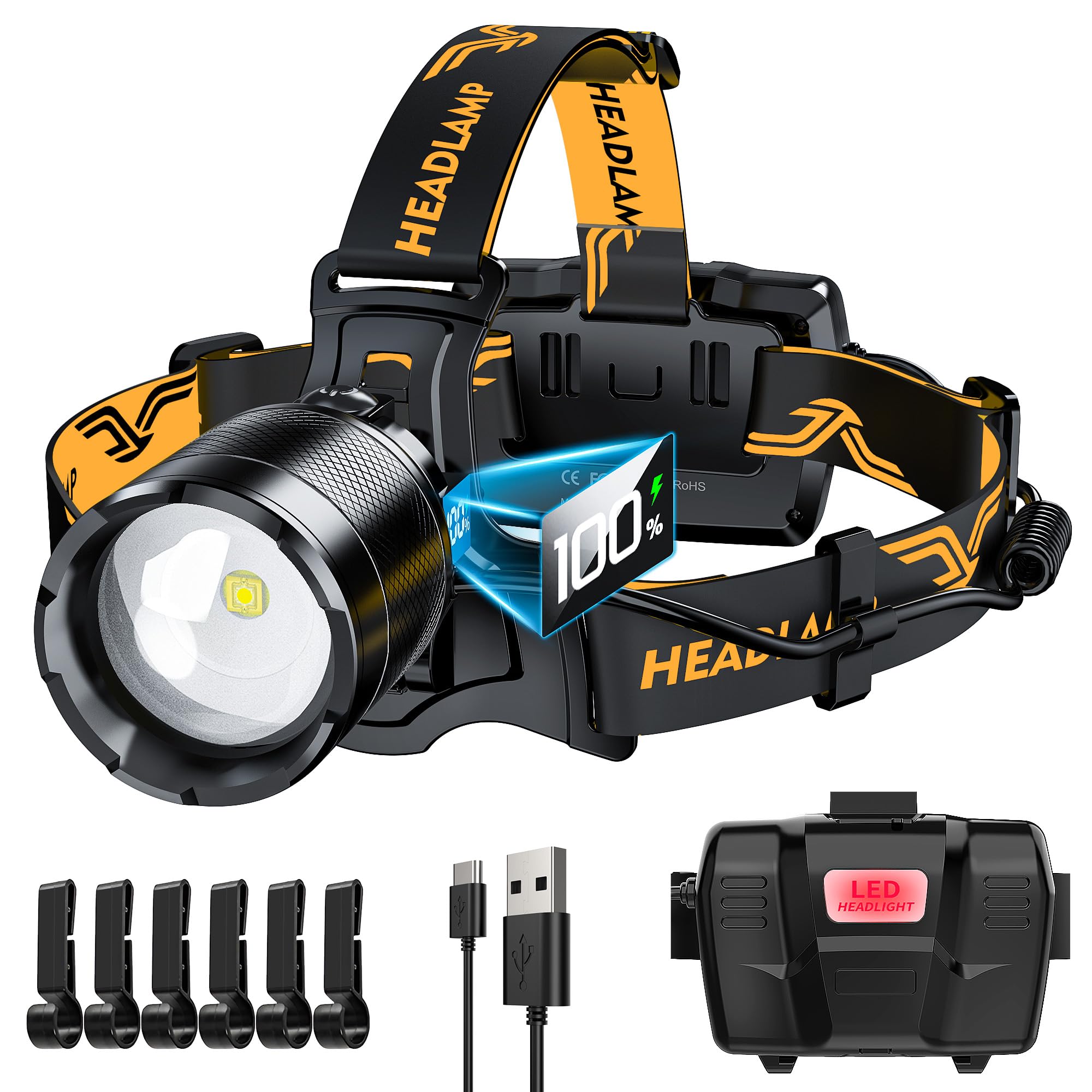XILUO 150000 LM Bright Headlamp Zoomable Sensor Red Warning Light, 8 Modes 80 Hours Standby Battery Time Head Lamp, IP68 Waterpr