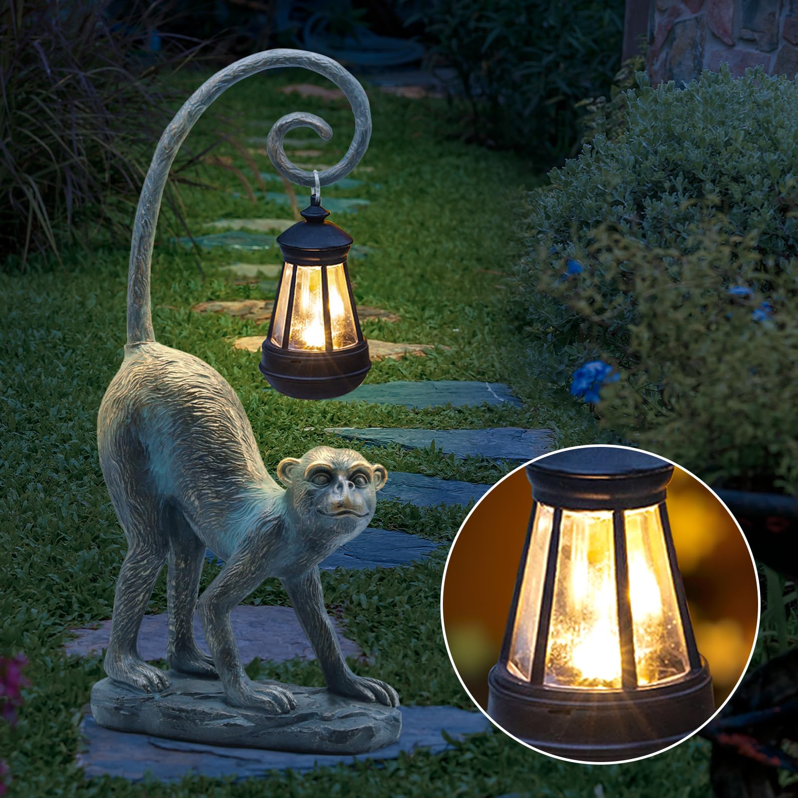 IVCOOLE Resin Monkey Statue with Solar Light - Large Bronze Garden Decor, Model IVCOOLE -002