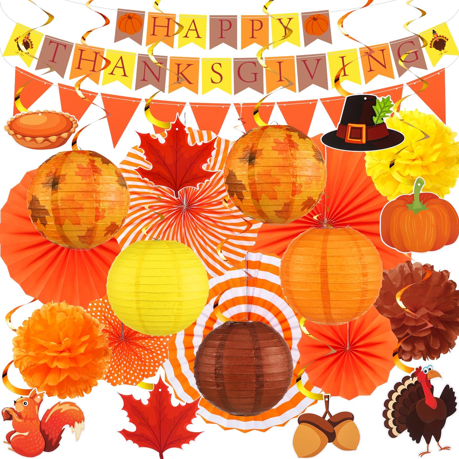 Motiskyy 28 Pcs Thanksgiving Party Decoration Include Happy Thanksgiving Banner Autumn Paper Lanterns Pom Pom Hanging Fans Bunting Garland Swirl Streamers For Fall Harvest Birthday