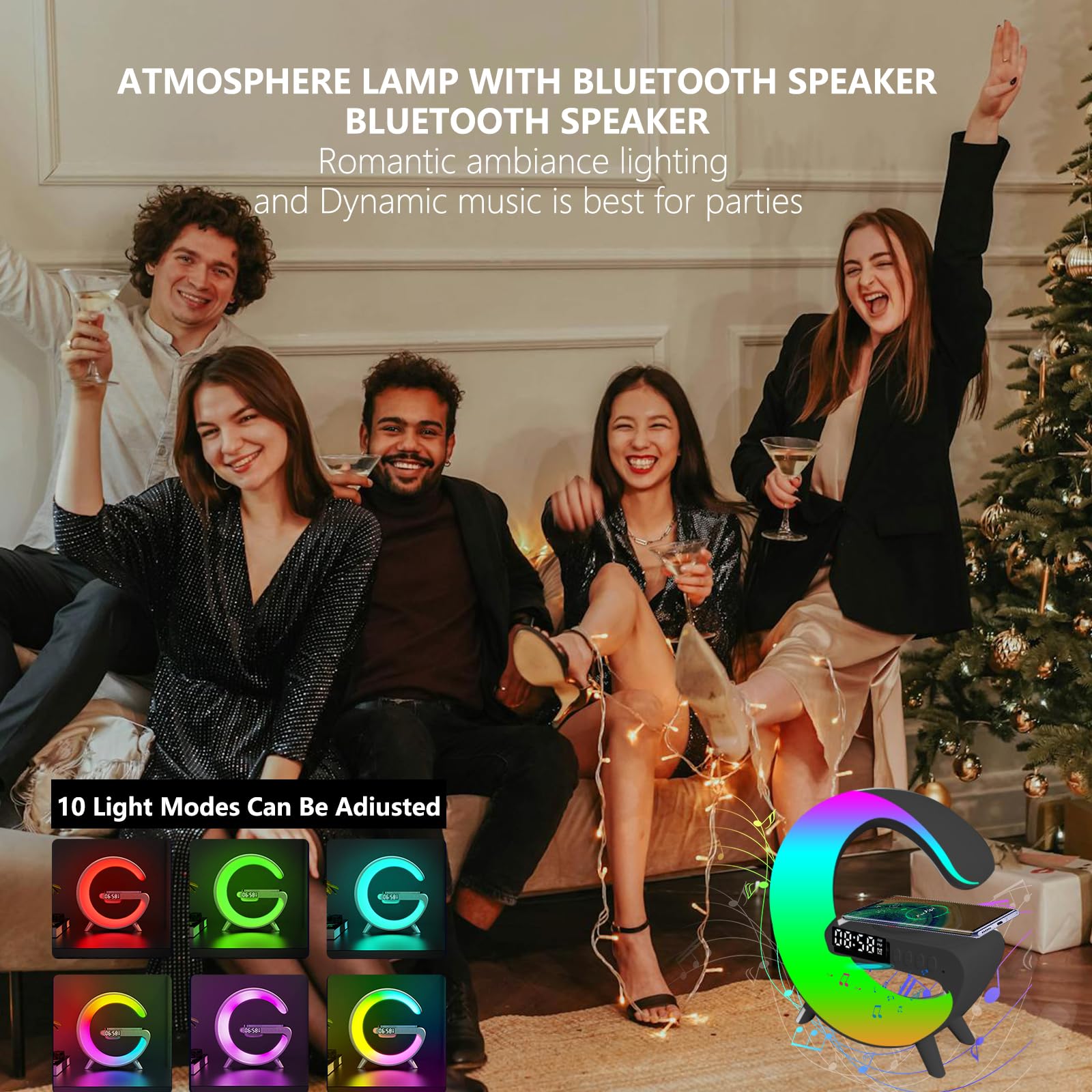 Fuyosegen Wireless Speaker Charger Light,Led Bedside Lamp 4-In-1 Alarm Clock,Mood Light,Speaker & Wireless Charger,G-Shaped Atmo