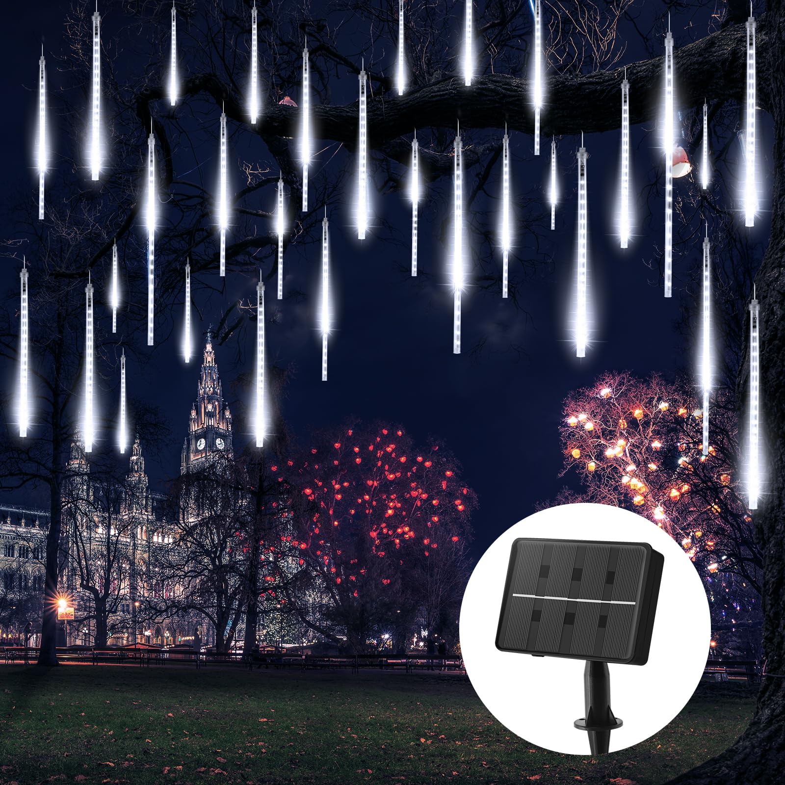Brightown Solar Meteor Shower Lights - 576 LED, 16 Tubes, 16 Inches, Pure White, Solar Powered Christmas Decorations