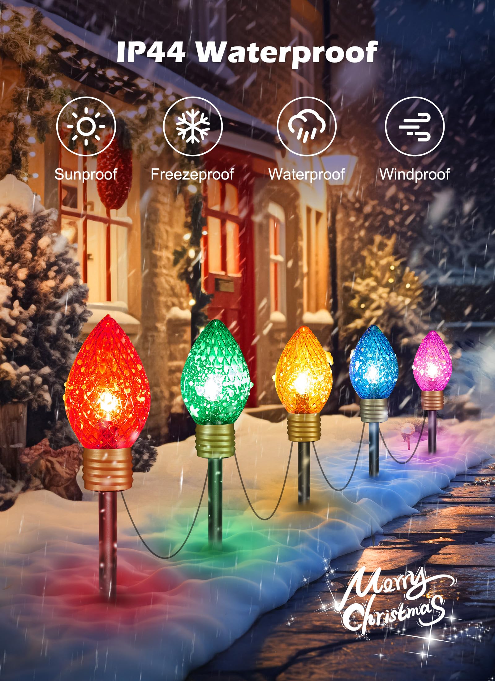 Brightown Jumbo C9 Christmas Pathway Lights - 2 Pack, 17 Feet, Multicolor LED Bulbs for Outdoor Holiday Decorations