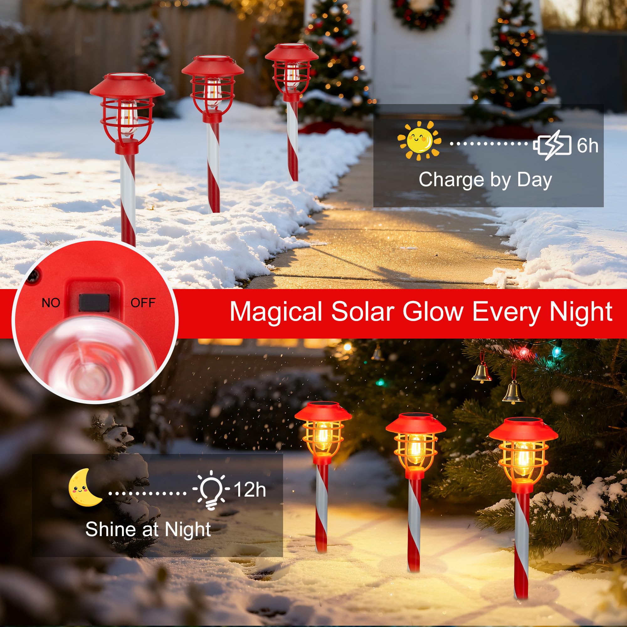 pearlstar Solar Pathway Lights 4 Pack, Waterproof Candy Cane Decor, Red, Model HPL010-LX