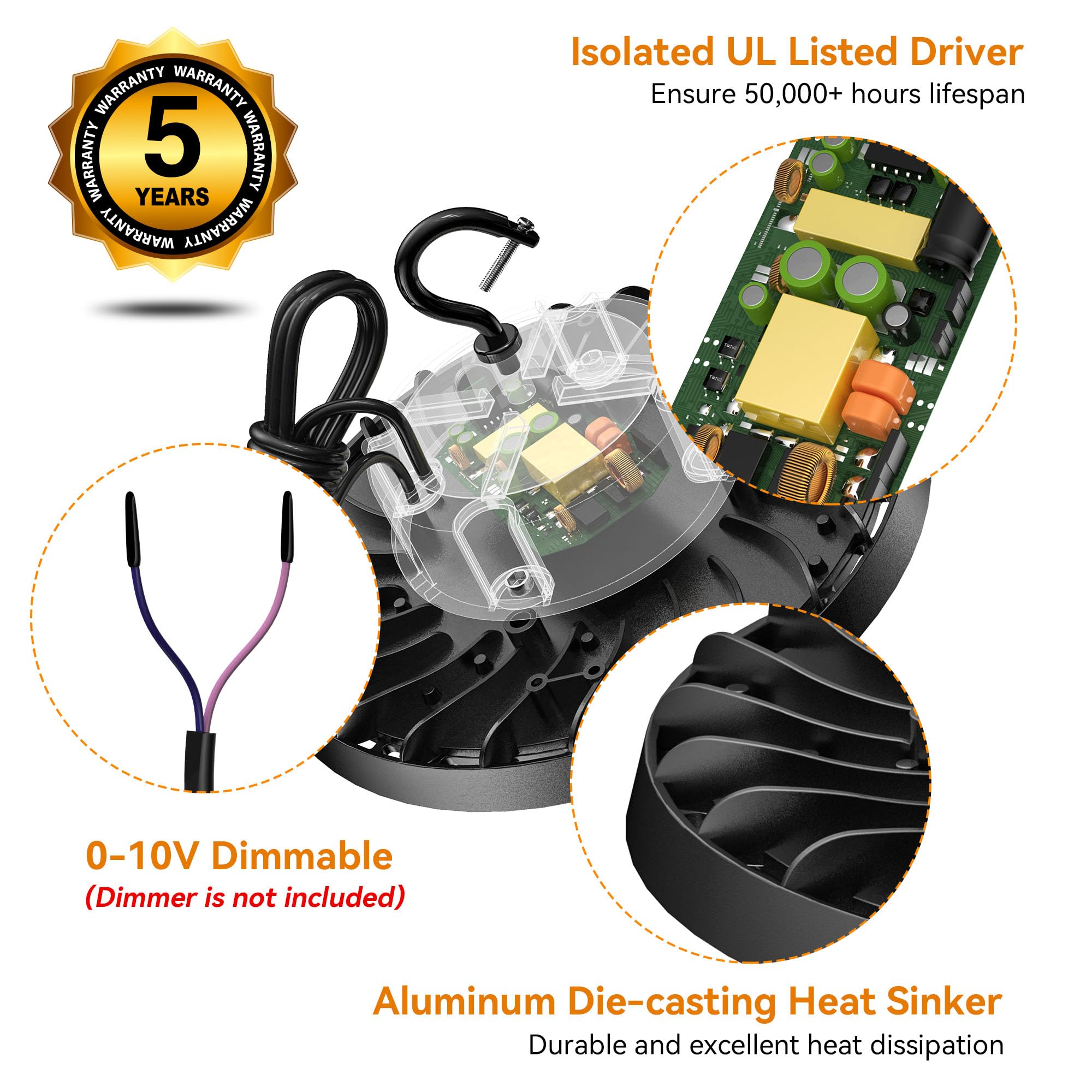 Shinewoo Ufo Led High Bay Light 240W 4 Pack, 36,000Lm 0-10V Dimmable 5000K Daylight, High Bay Led Shop Light With Us Plug 5 Cabl