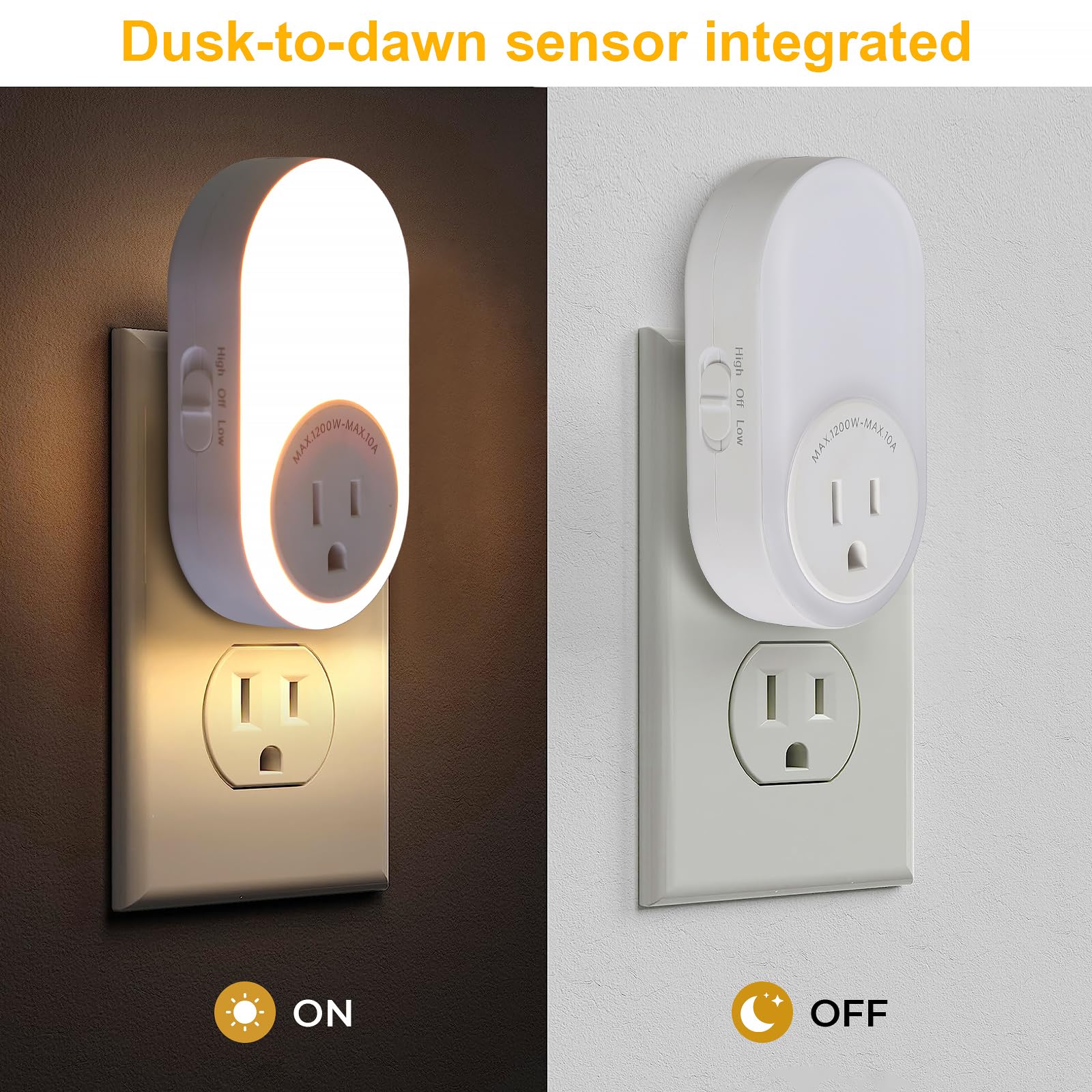 Dawnrise Night Lights Plug Into Wall,Dusk To Dawn Sensor Night Light With Power Outlet,Cct 2200K/4000K,5/20Lm Adjustable Brightn